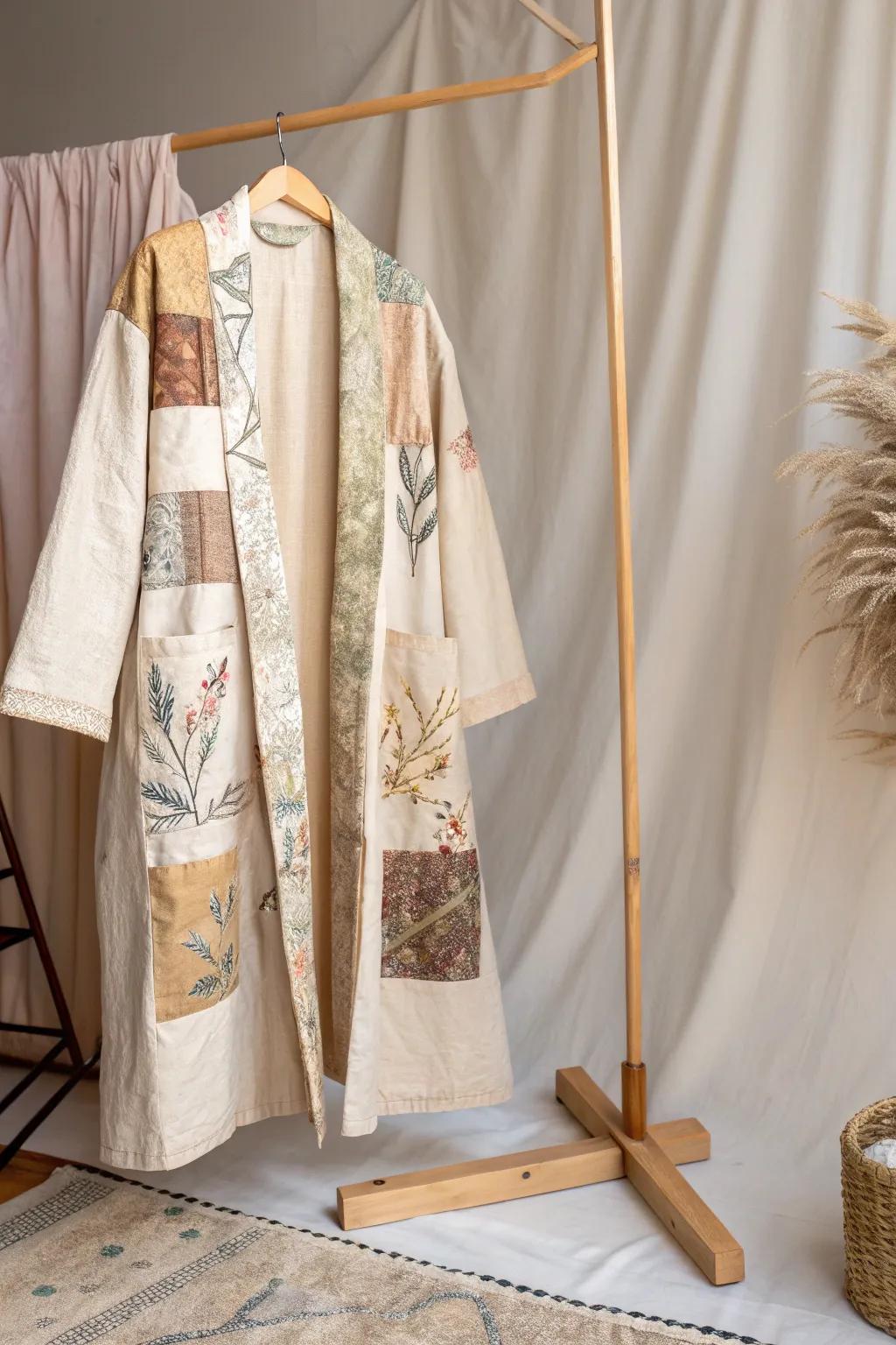 Explore the art of texture with this stunning mixed media coat—where craftsmanship meets natural beauty.