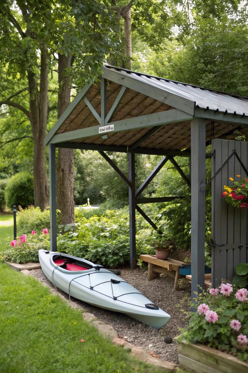 An outdoor kayak shelter blending with garden surroundings.