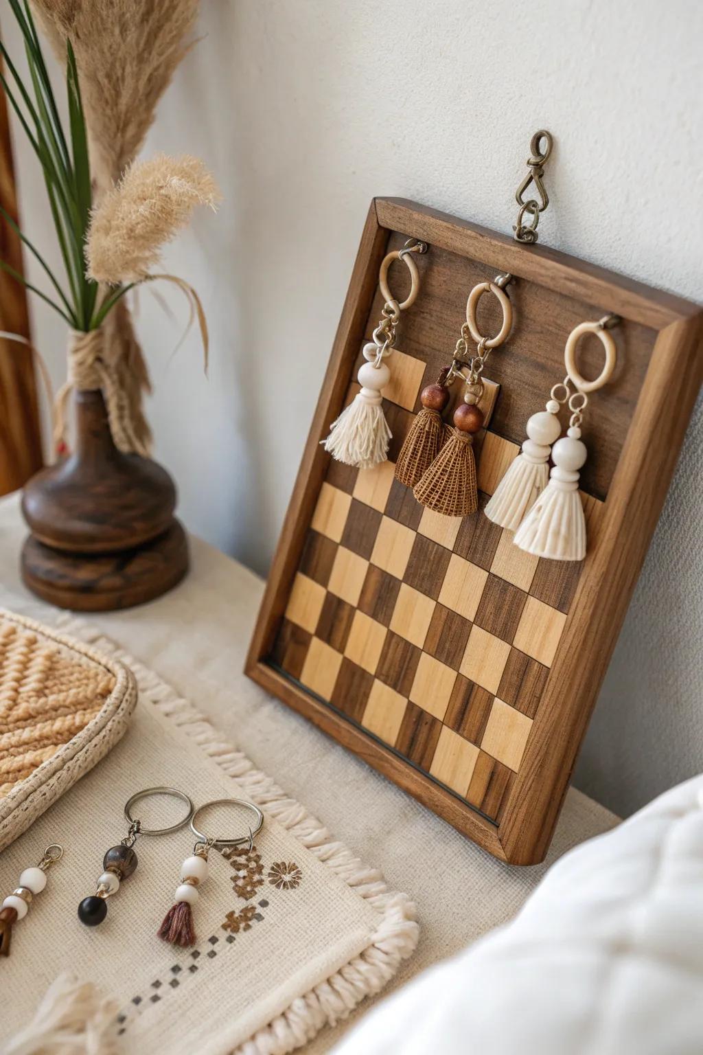 Transform your space with Scandinavian-Boho charm: a chessboard keychain display that marries simplicity with creativity.