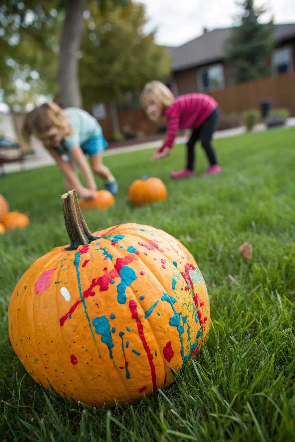 Splatter paint transforms this pumpkin into a chaotic masterpiece.