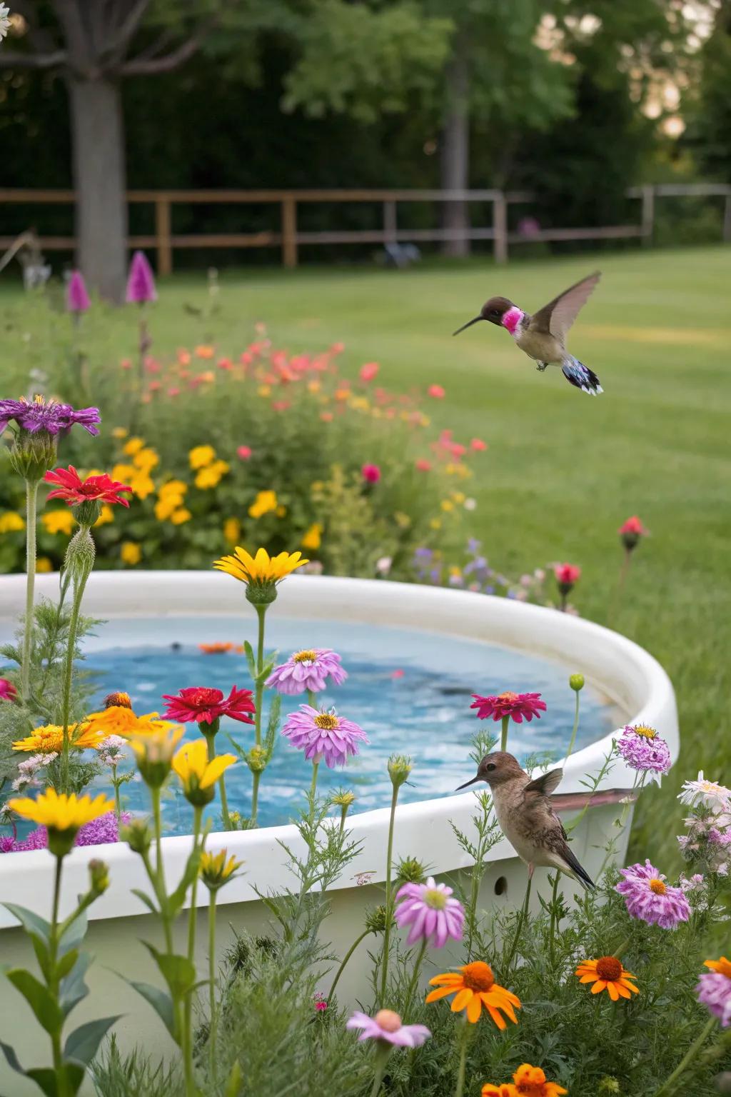 A pollinator-friendly garden alive with activity in a kiddie pool.