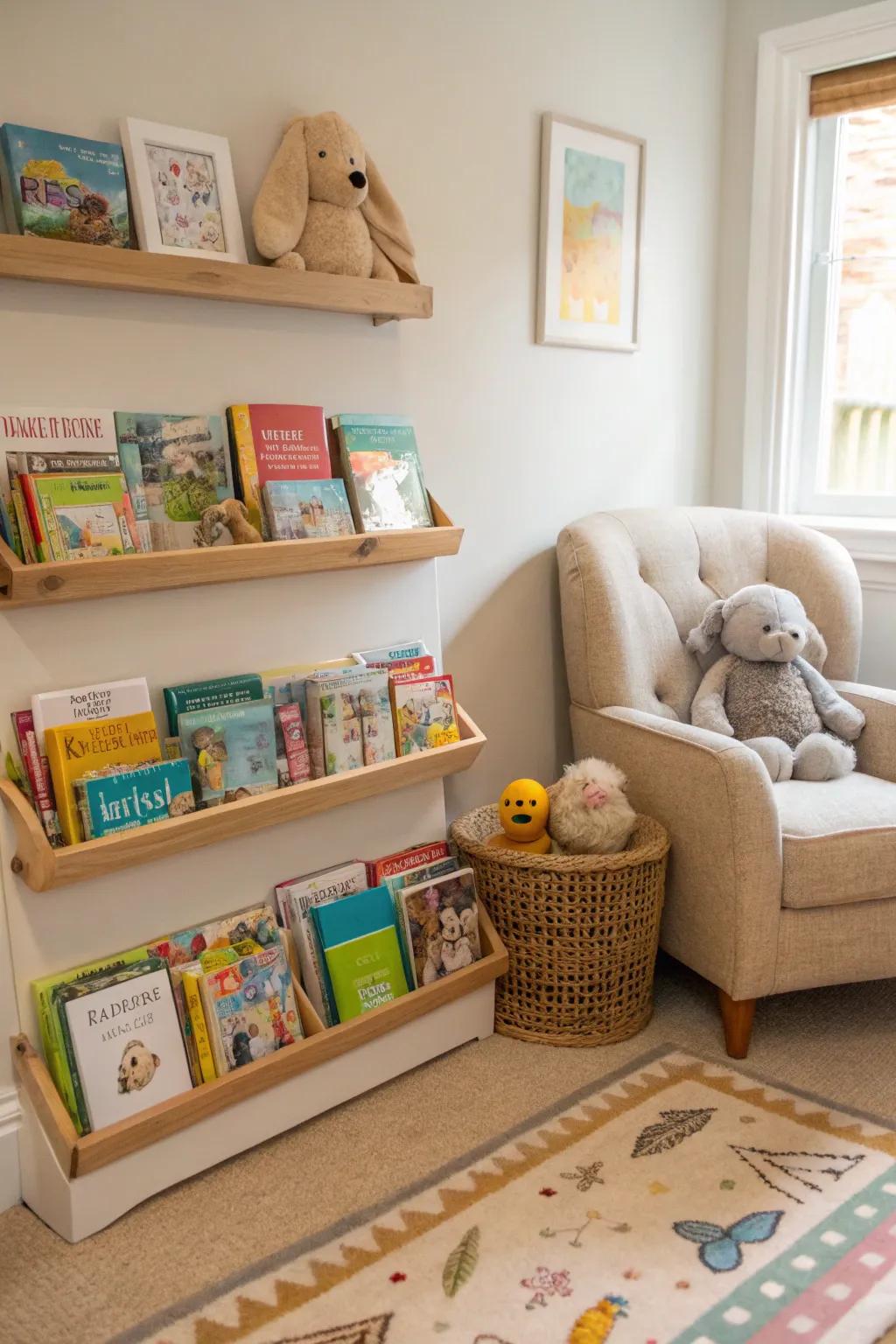 Low shelves make books easily accessible for young readers.