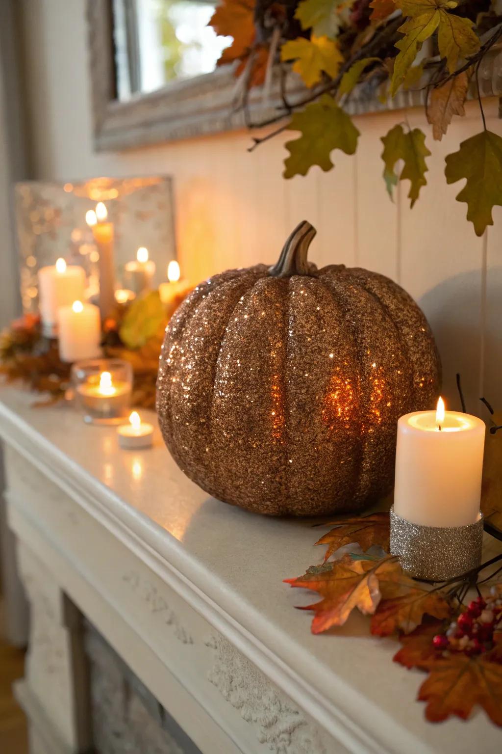 A glittery pumpkin adding a touch of sparkle and elegance to the home.