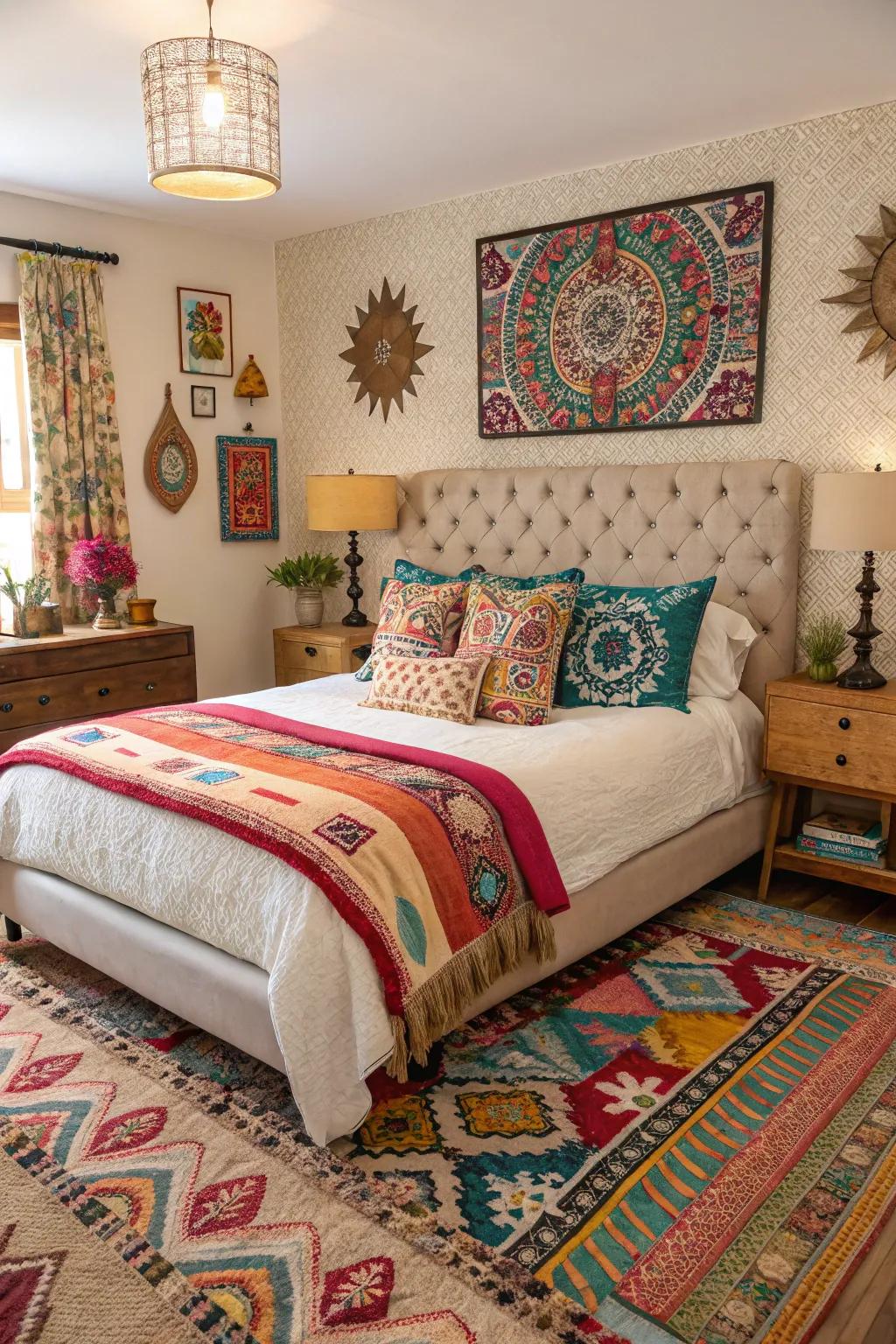 A mix of patterns and textures adds personality to this king bed.