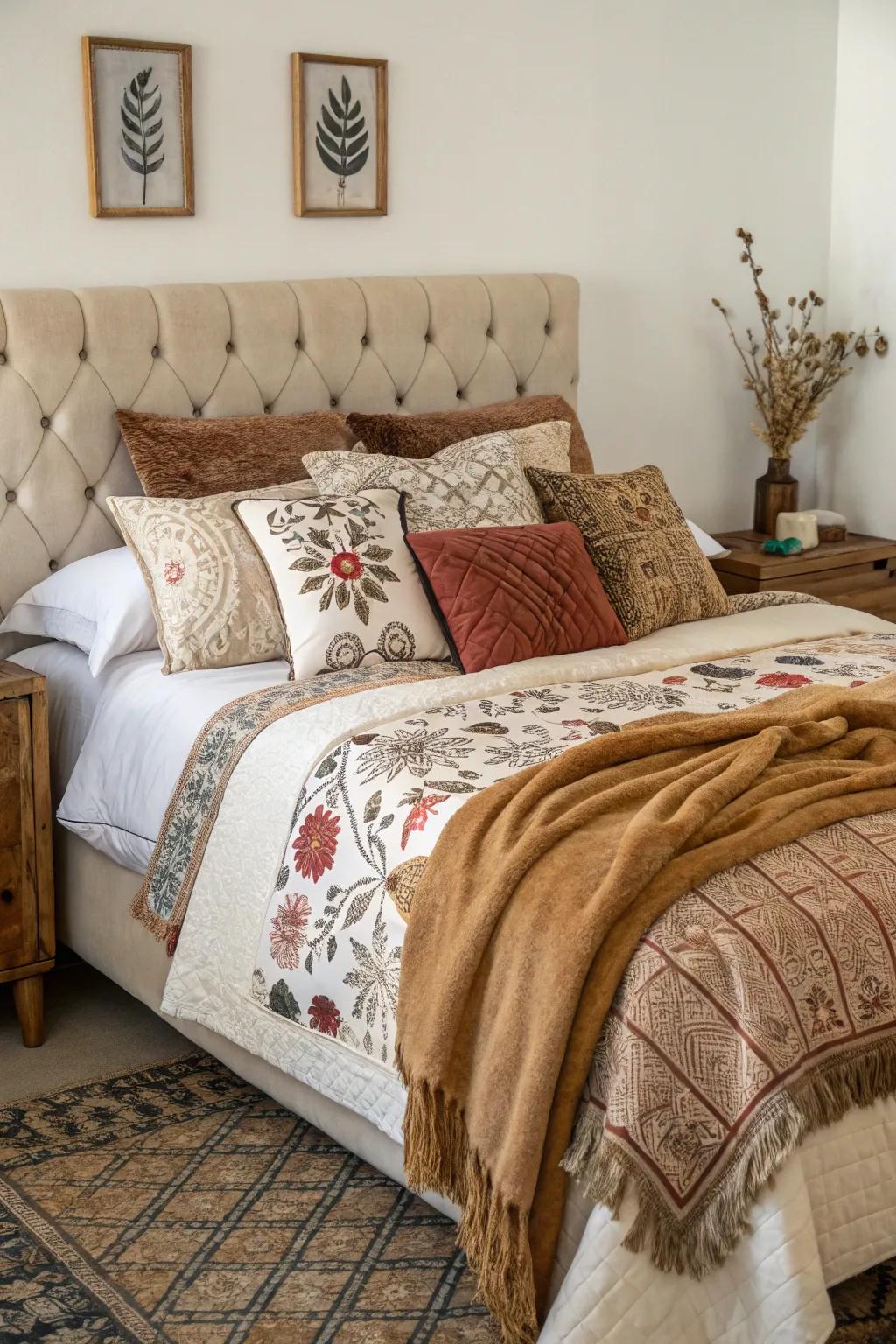 Mixing textures and patterns adds depth and interest to your bedroom decor.