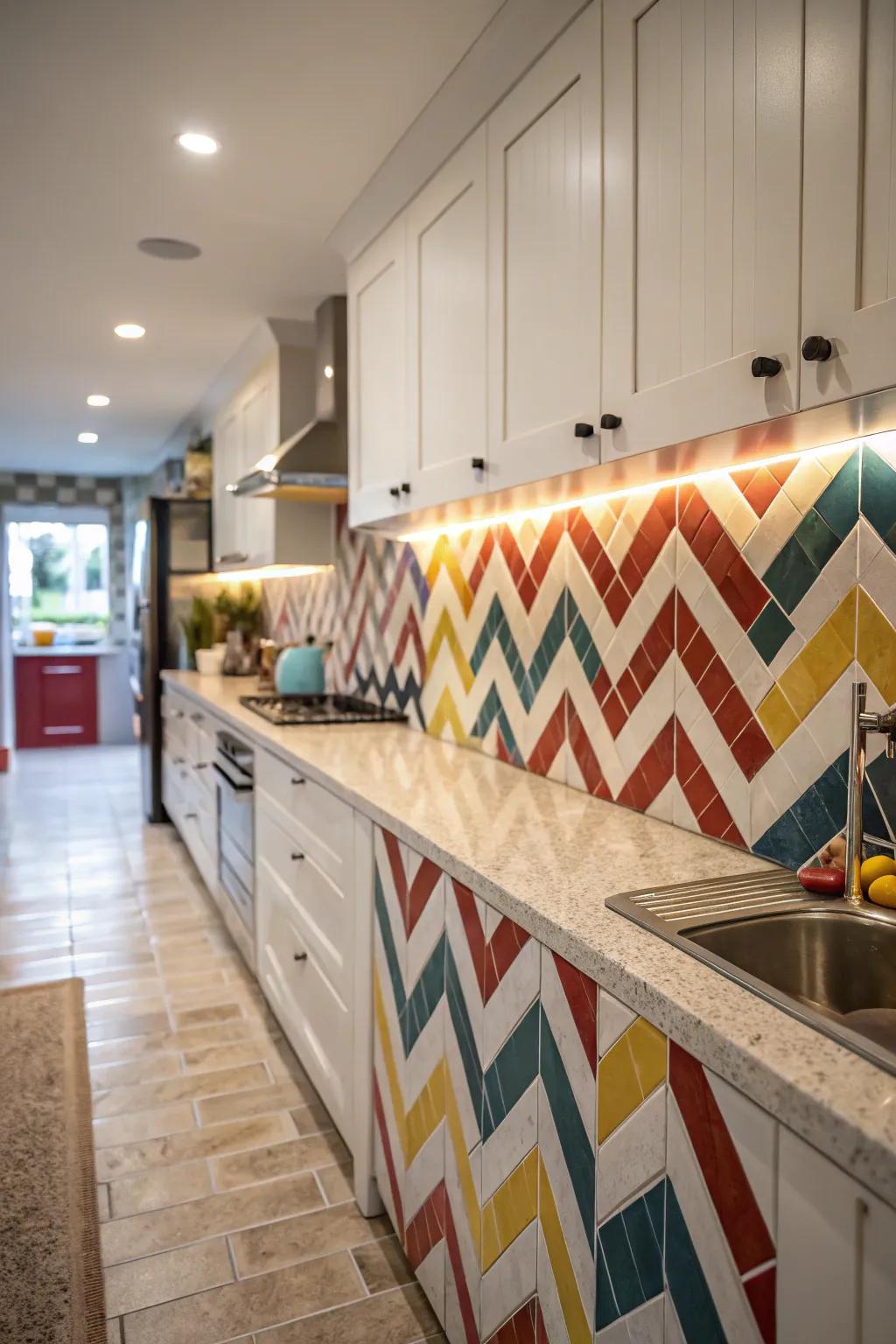 Chevron pattern tiles add dynamic movement.