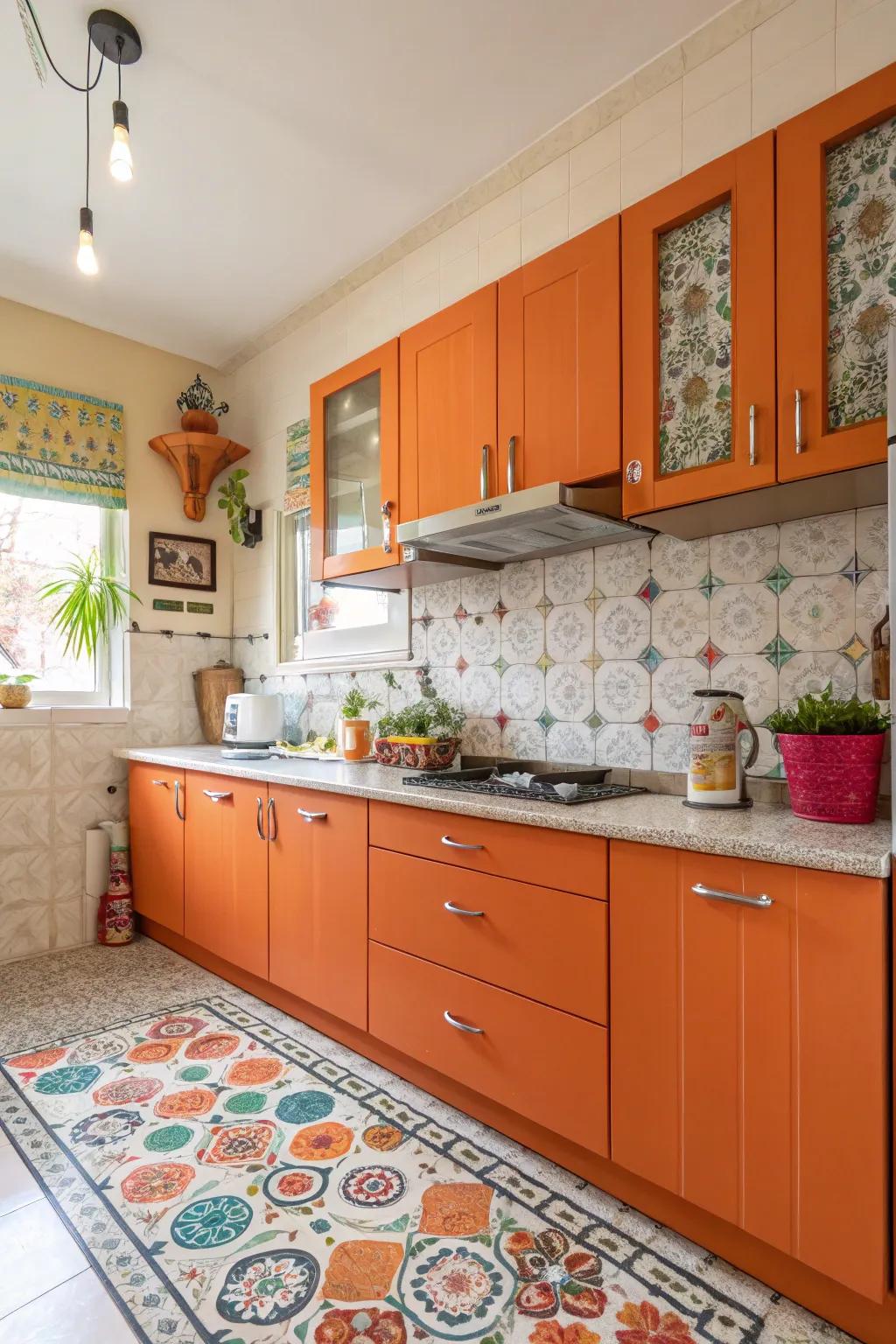 Energetic orange cabinets make a bold statement in the kitchen.