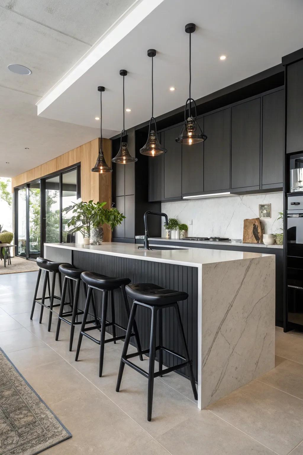 Black fixtures complement the island for a cohesive kitchen design.