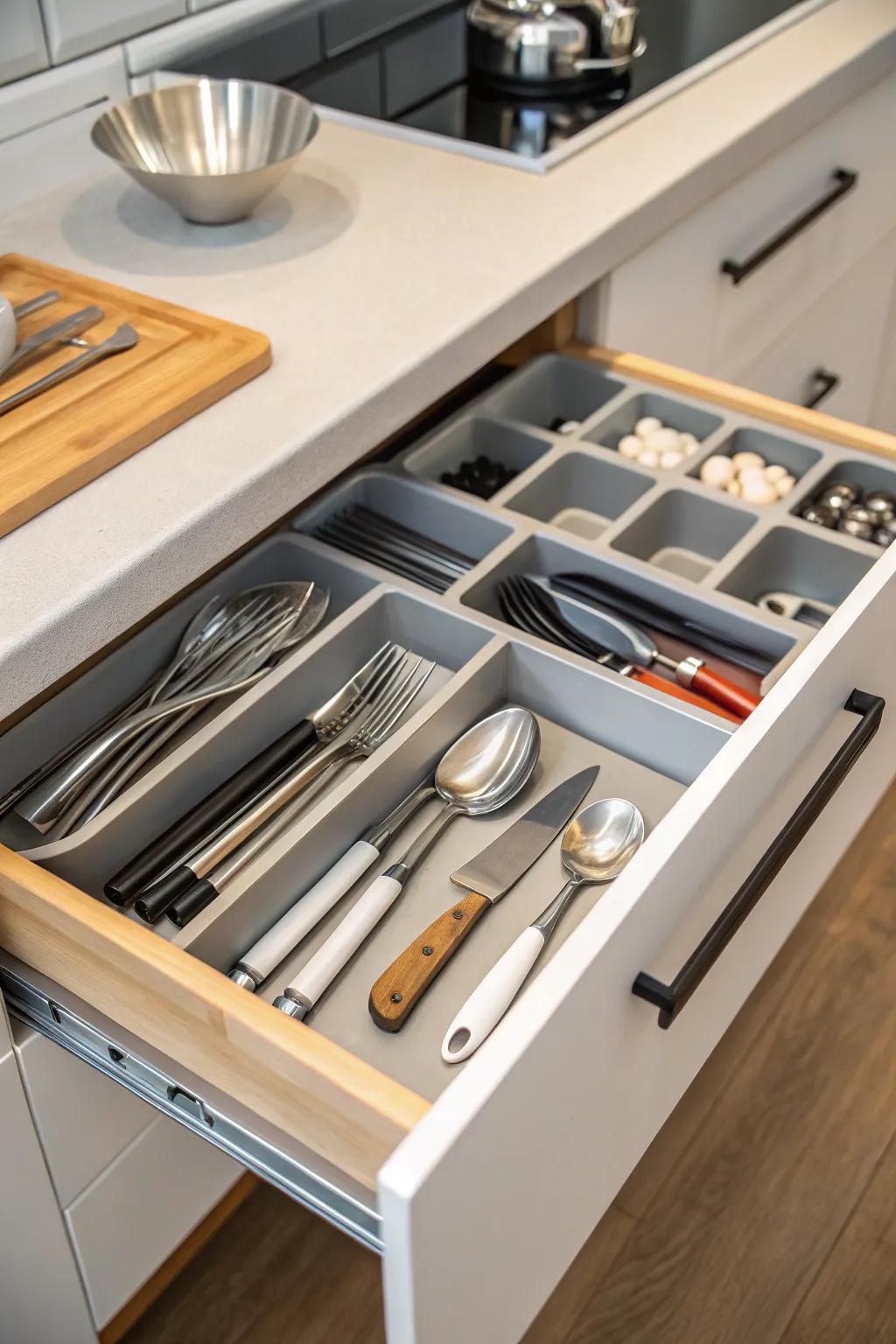 Drawer dividers turn chaos into order by organizing utensils.