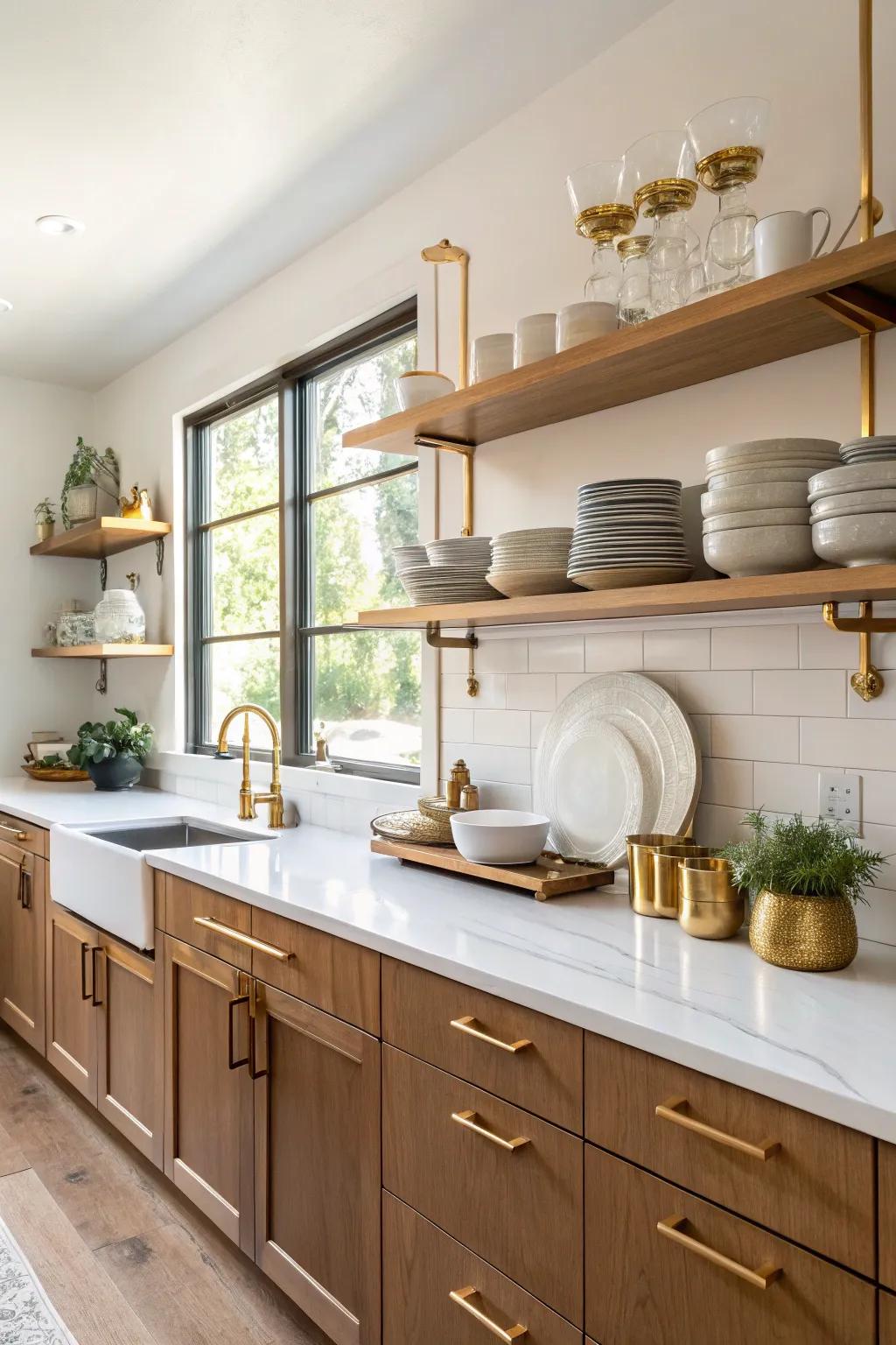 Gold hardware on open shelving adds a chic and modern touch to the kitchen.