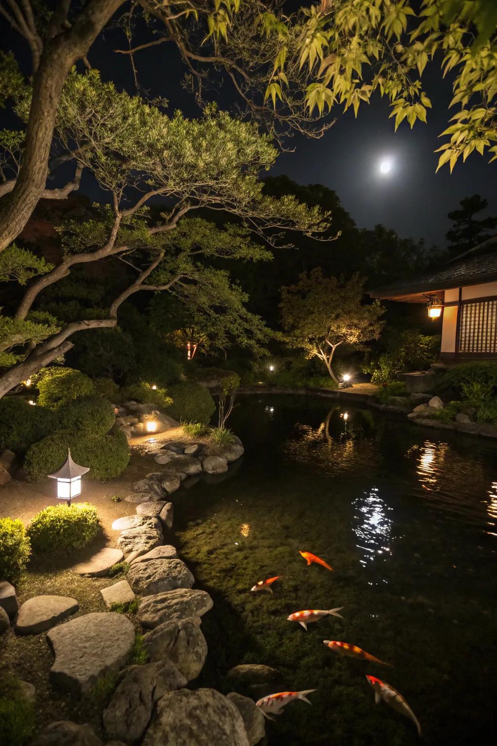 Moonlighting creates natural shadows and a magical atmosphere over the pond.