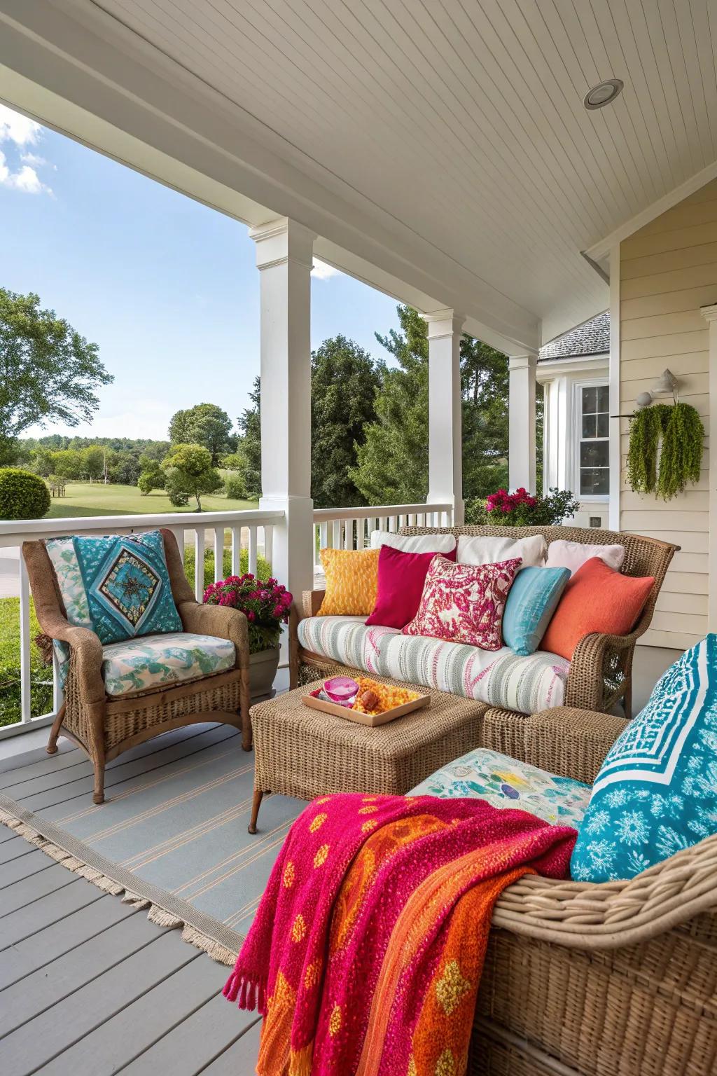 A lively porch with colorful accessories.