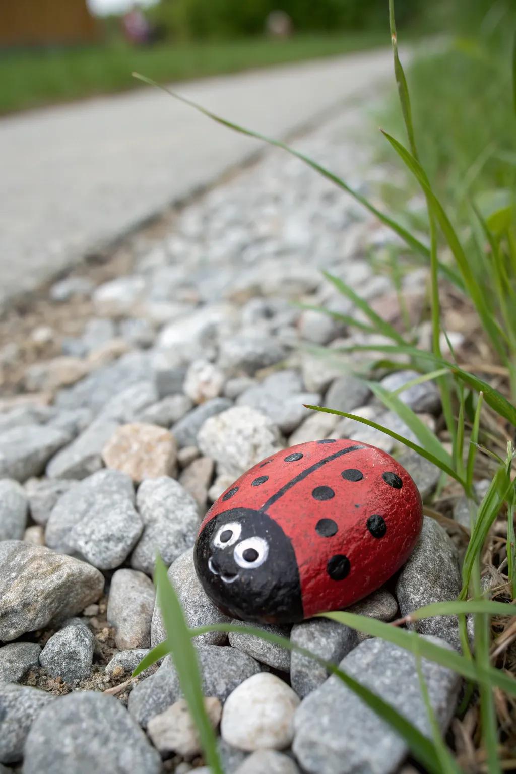 Charming ladybug rock adds a whimsical touch to your garden pathway.