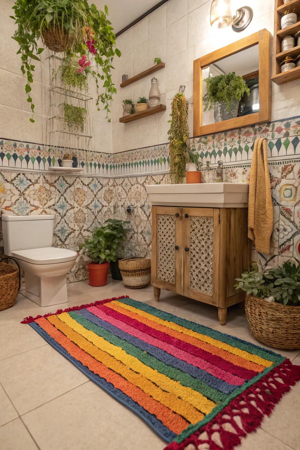 Fringed rugs add a bohemian flair to any bathroom setting.