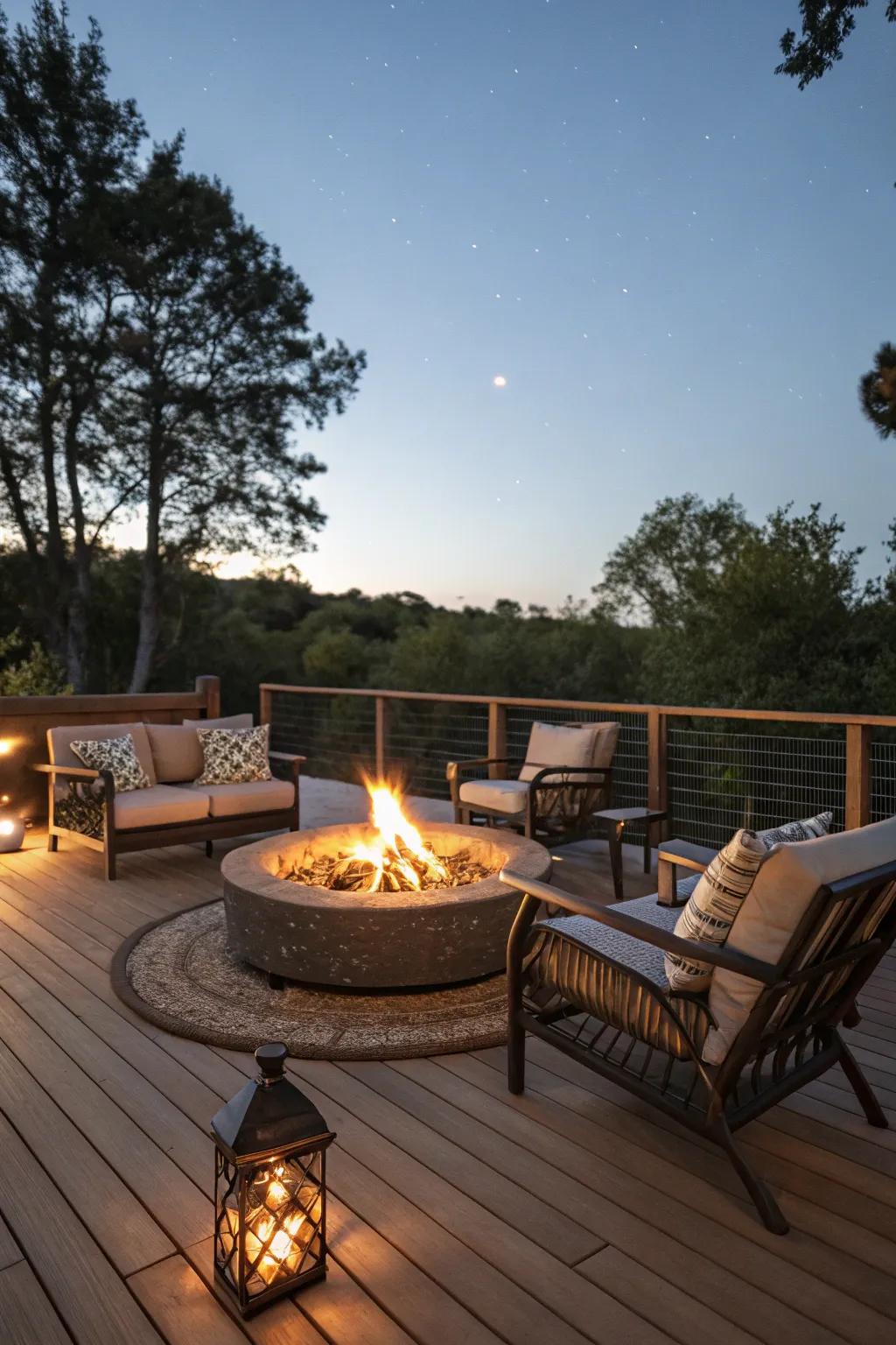 A cozy deck setup centered around a warming fire pit.