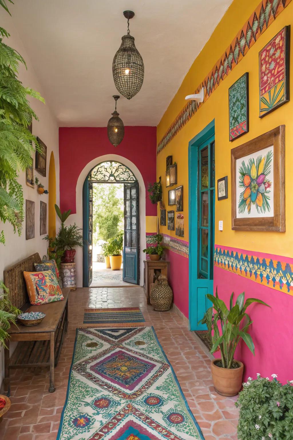 Bold colors create a dynamic and inviting entryway atmosphere.