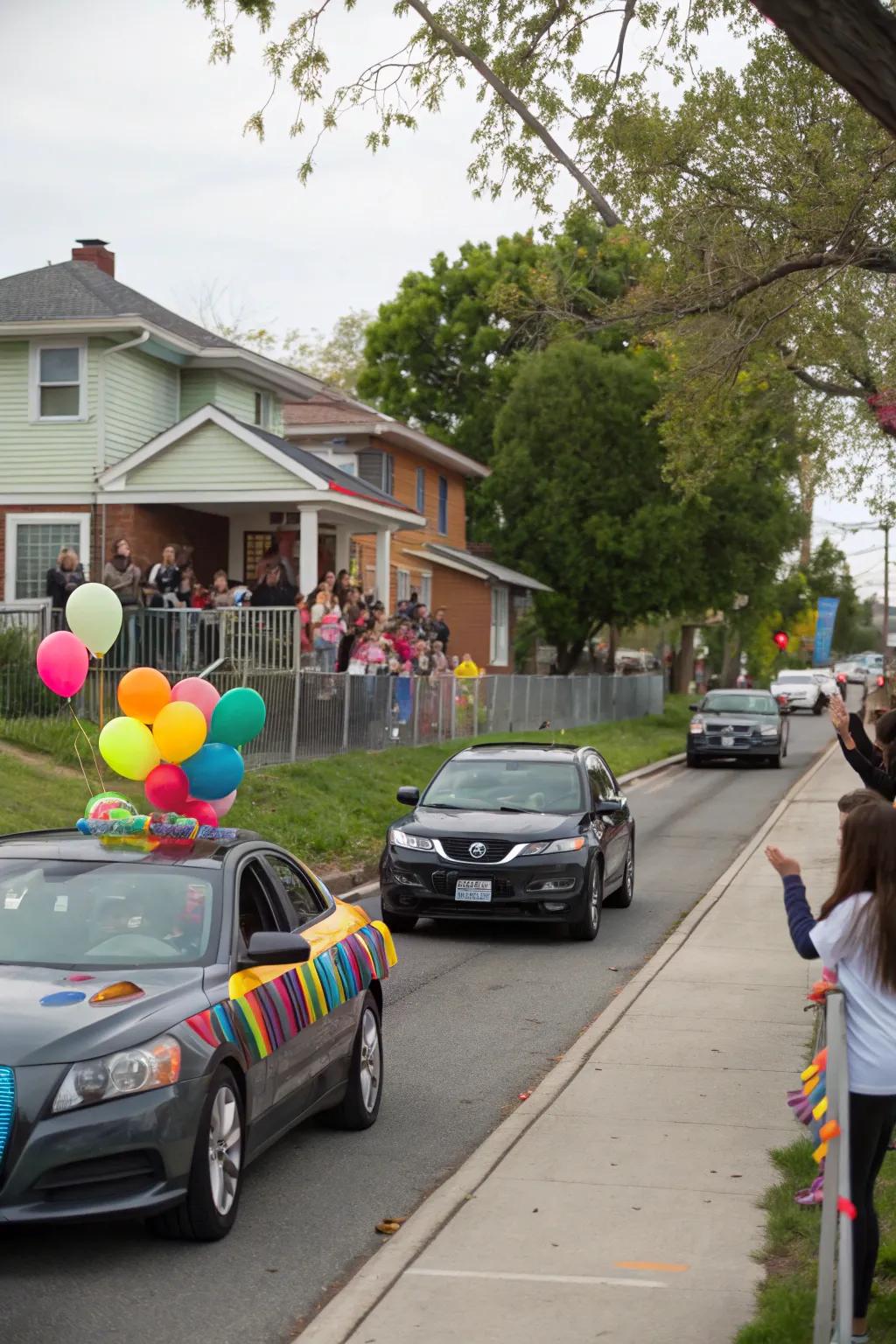 A festive drive-by parade bringing joy and excitement.