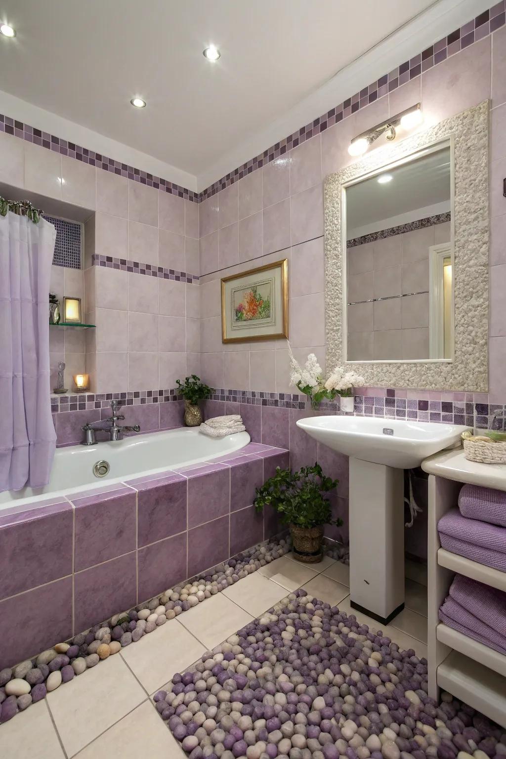 Amethyst accents add a luxurious touch to this lavender-themed bathroom.