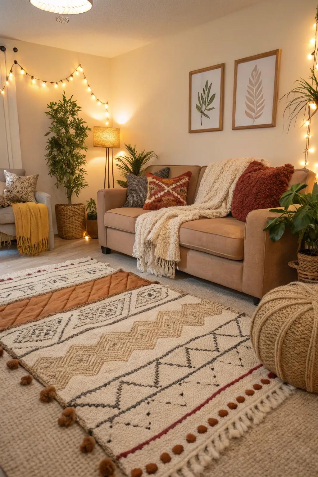 Layering rugs over carpet adds texture and interest to the floor.