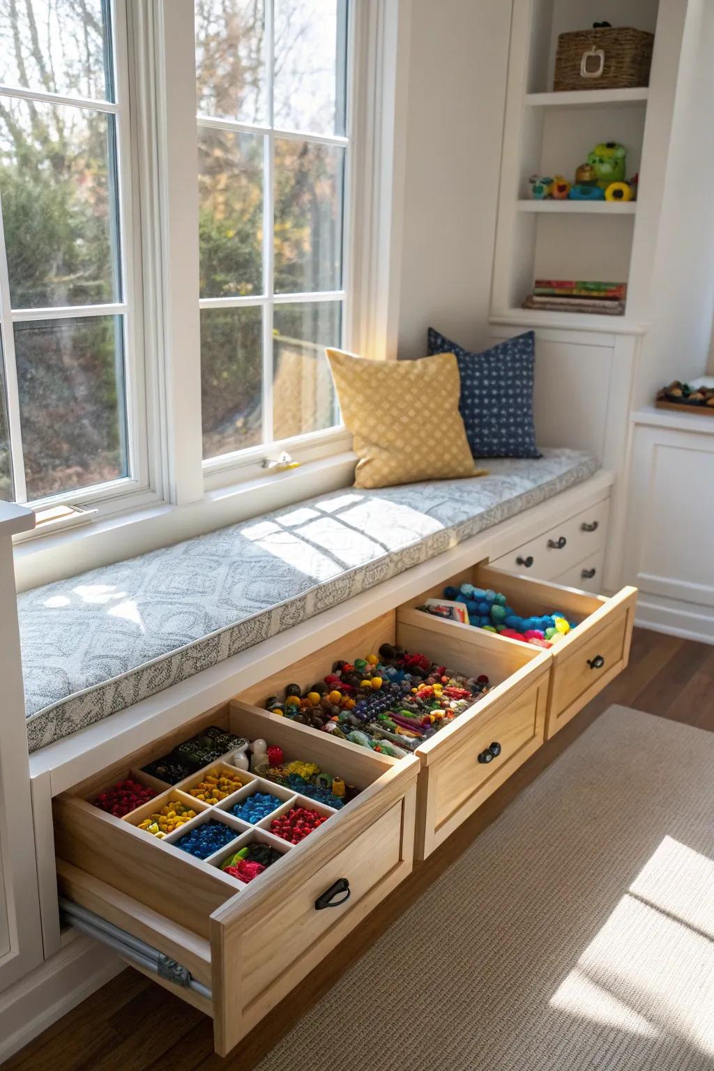 Window seat with hidden Lego storage.