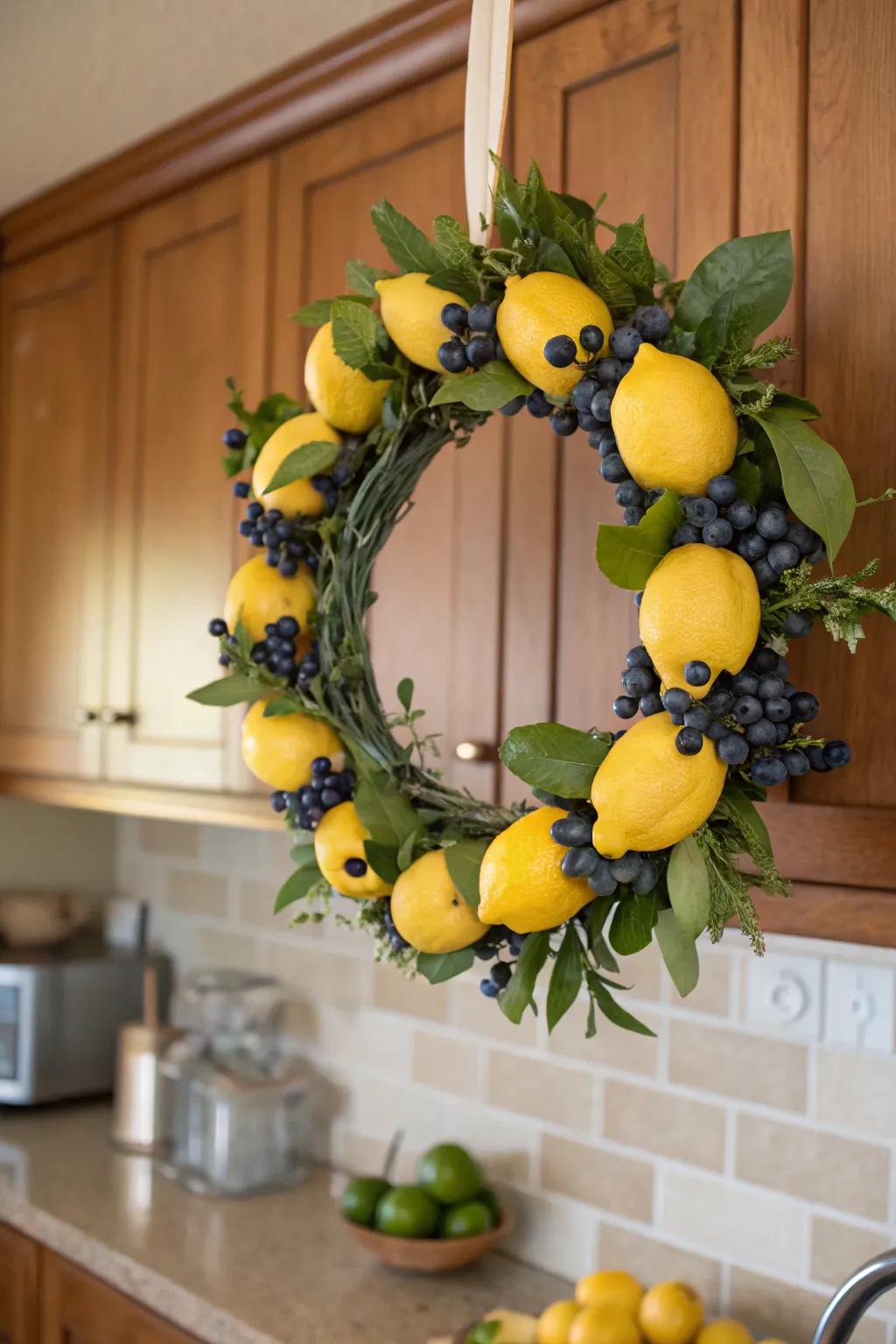 A playful and elegant lemon wreath with blueberry accents.