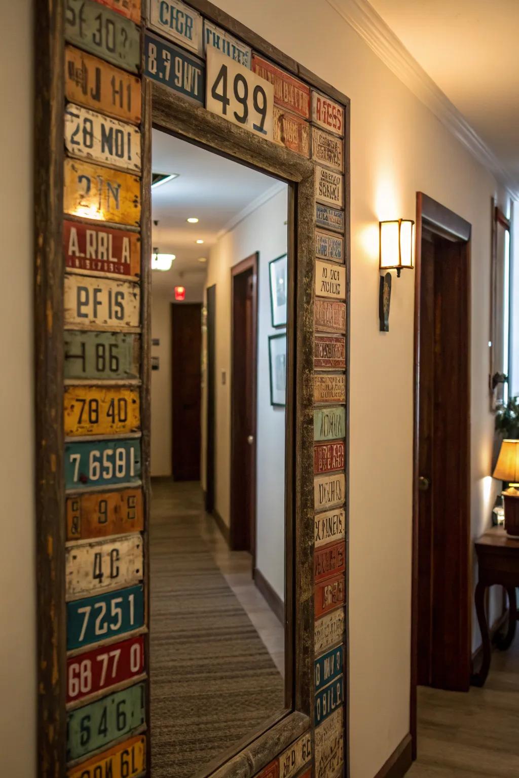 A rustic mirror frame that stands out with its unique license plate design.