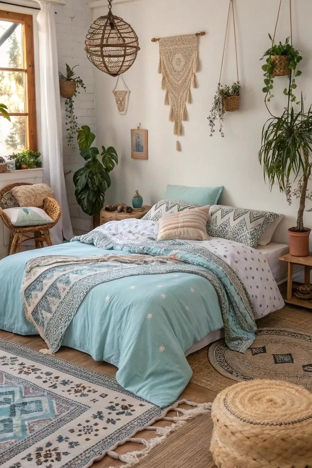 Layer light blue textiles for a cozy bohemian sanctuary.