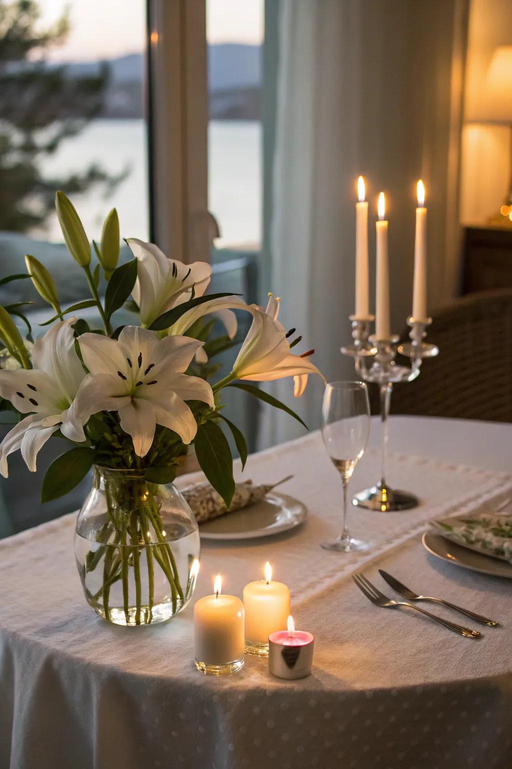 Romantic lily arrangement with candlelight for intimate settings.