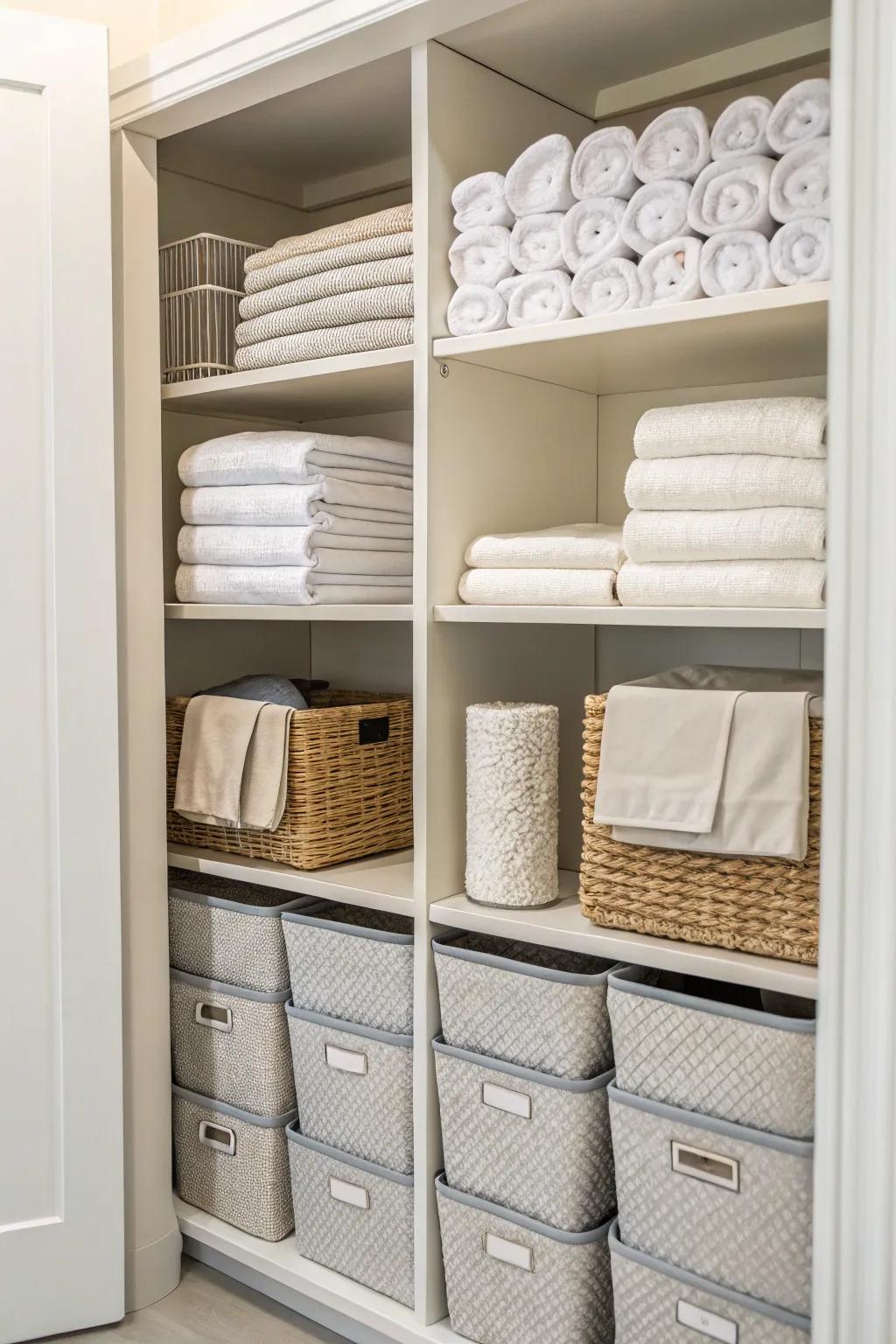 Shelf dividers maintain order and prevent toppling stacks of linens.