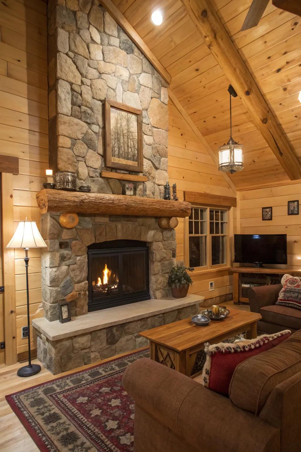 A cozy cabin living room featuring a live edge mantel and natural wood elements.