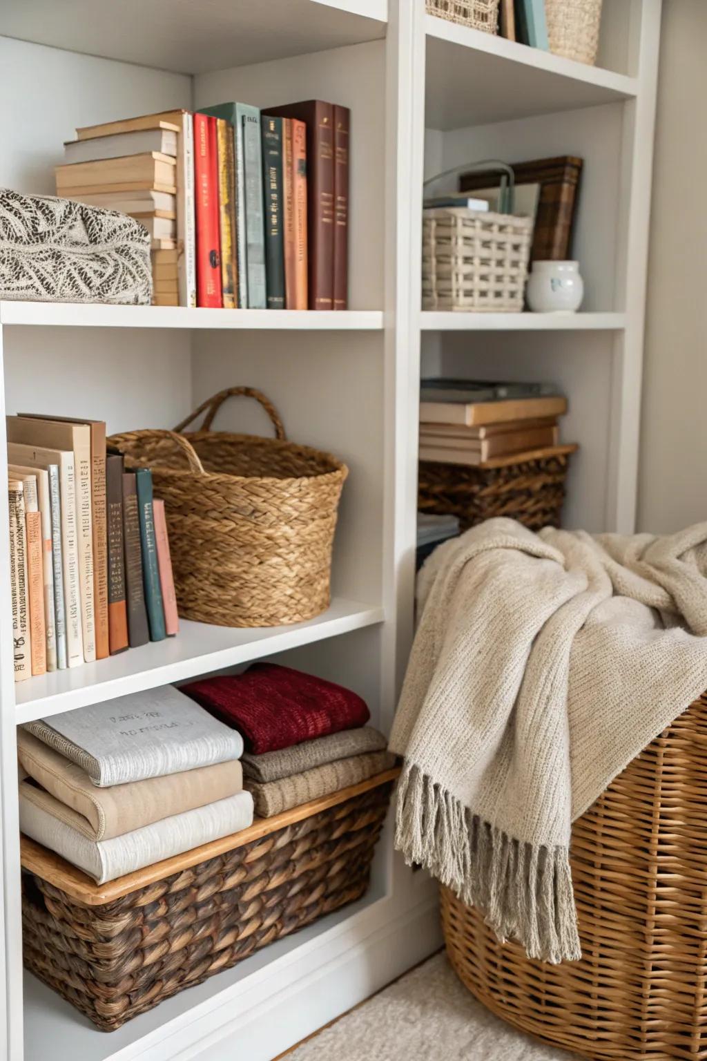 Textures add depth and interest to bookshelf decor.