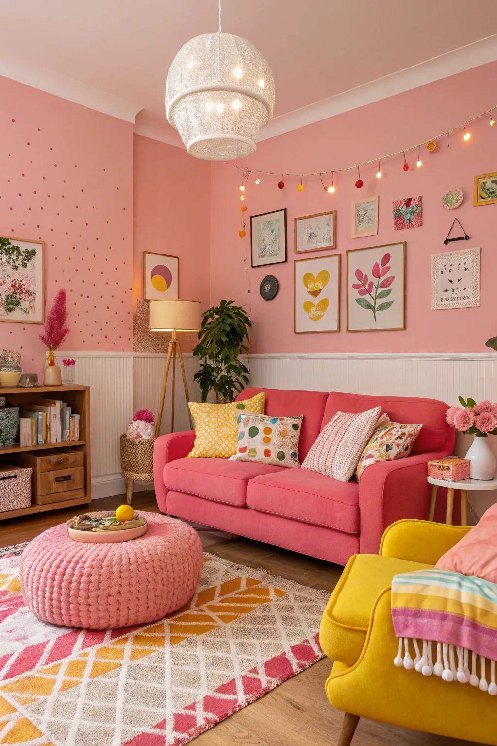 Playful pinks create a cheerful and inviting ambiance in your living room.