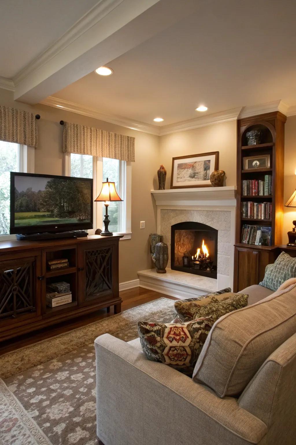 A TV nook offers charm and functionality.