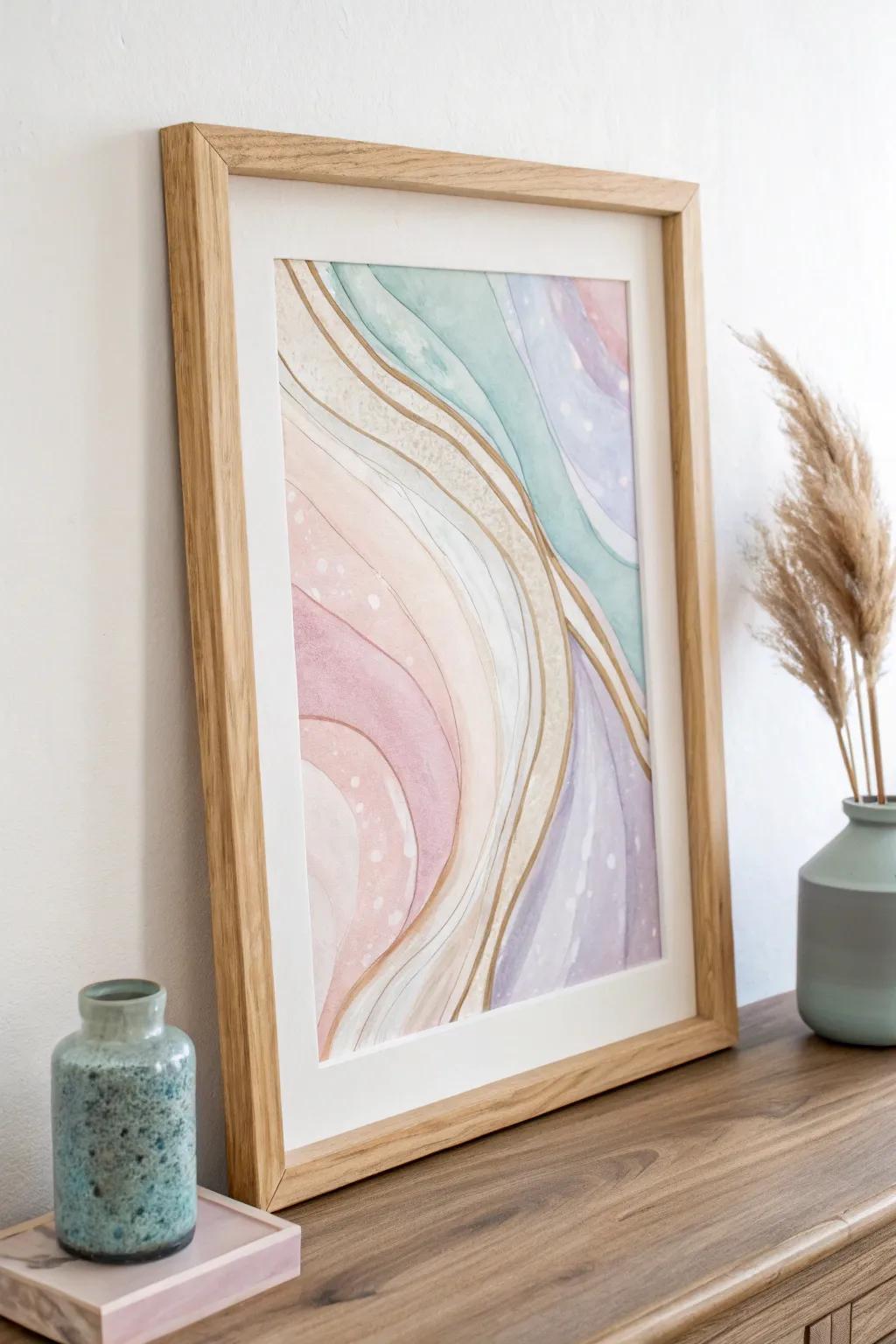 Create a serene living space with pastel watercolors and neutral tones.