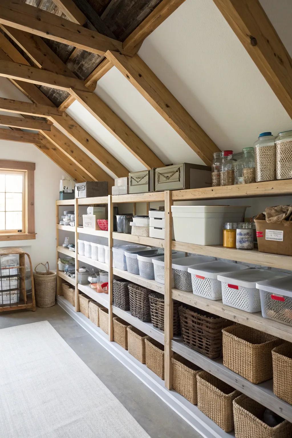 Between-rafter shelving efficiently uses vertical space.