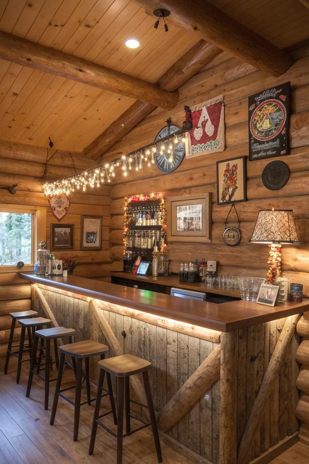 Custom signs and art add a personal touch to this log cabin bar.