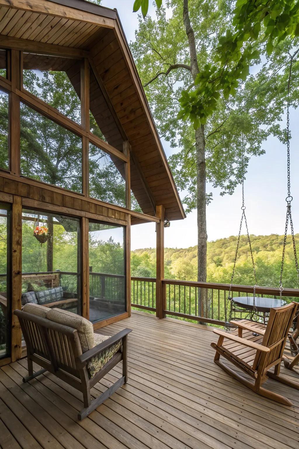 A peaceful screened section on a log cabin deck.