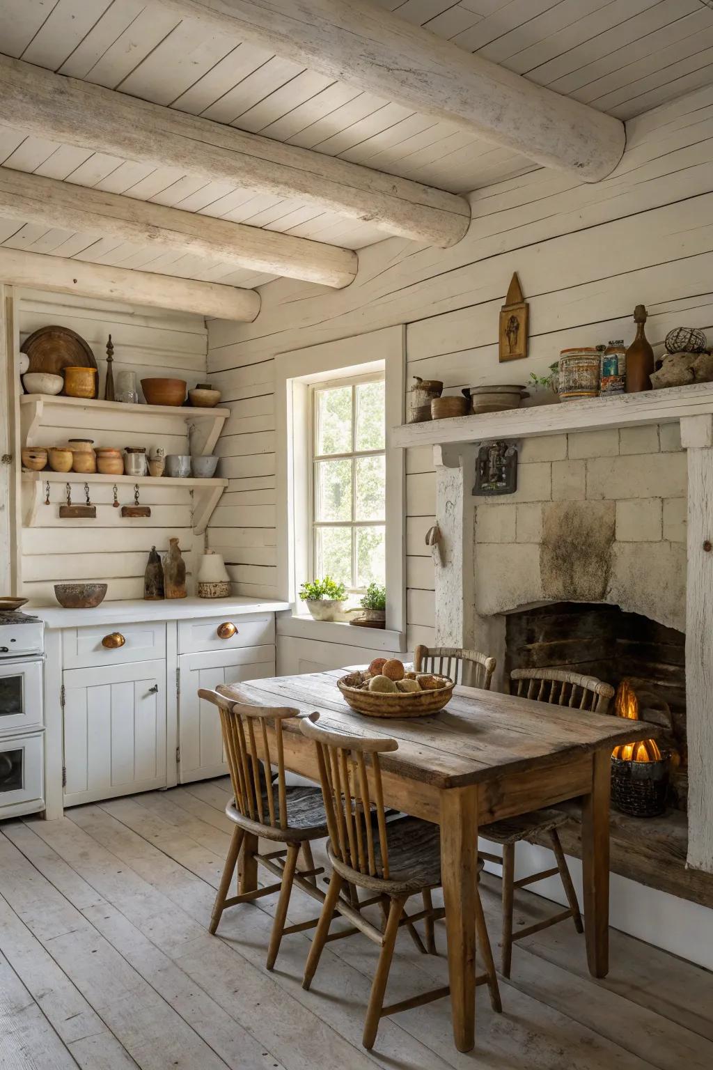 Whitewashed wood elements bring a modern touch to this log cabin kitchen.