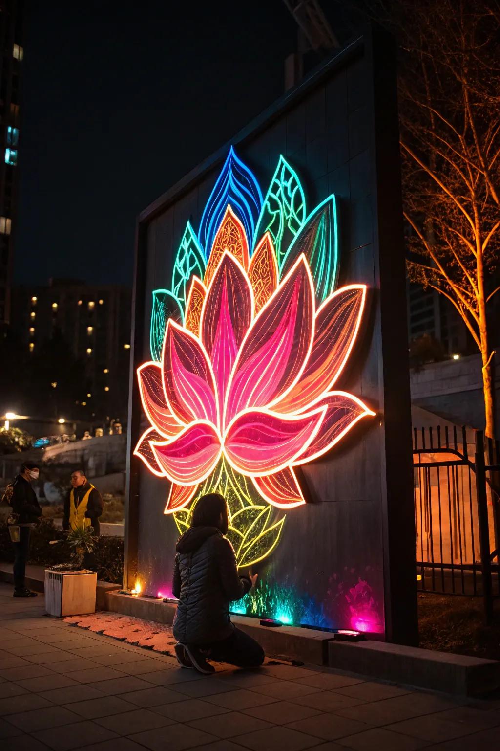 A vibrant neon lotus painting with a modern flair.