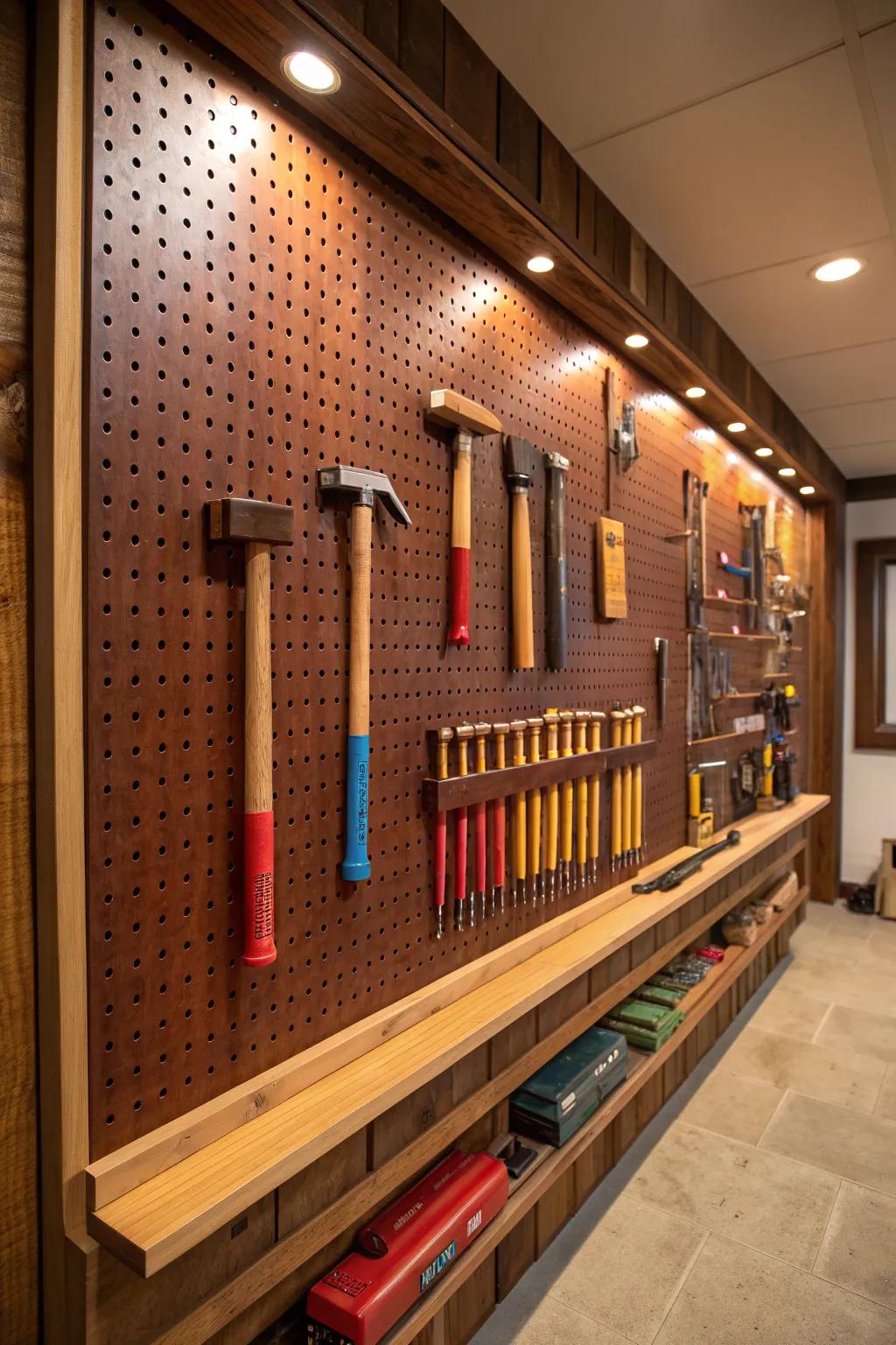 Transform your workspace with a pegboard lumber wall – where organization meets craftsmanship.