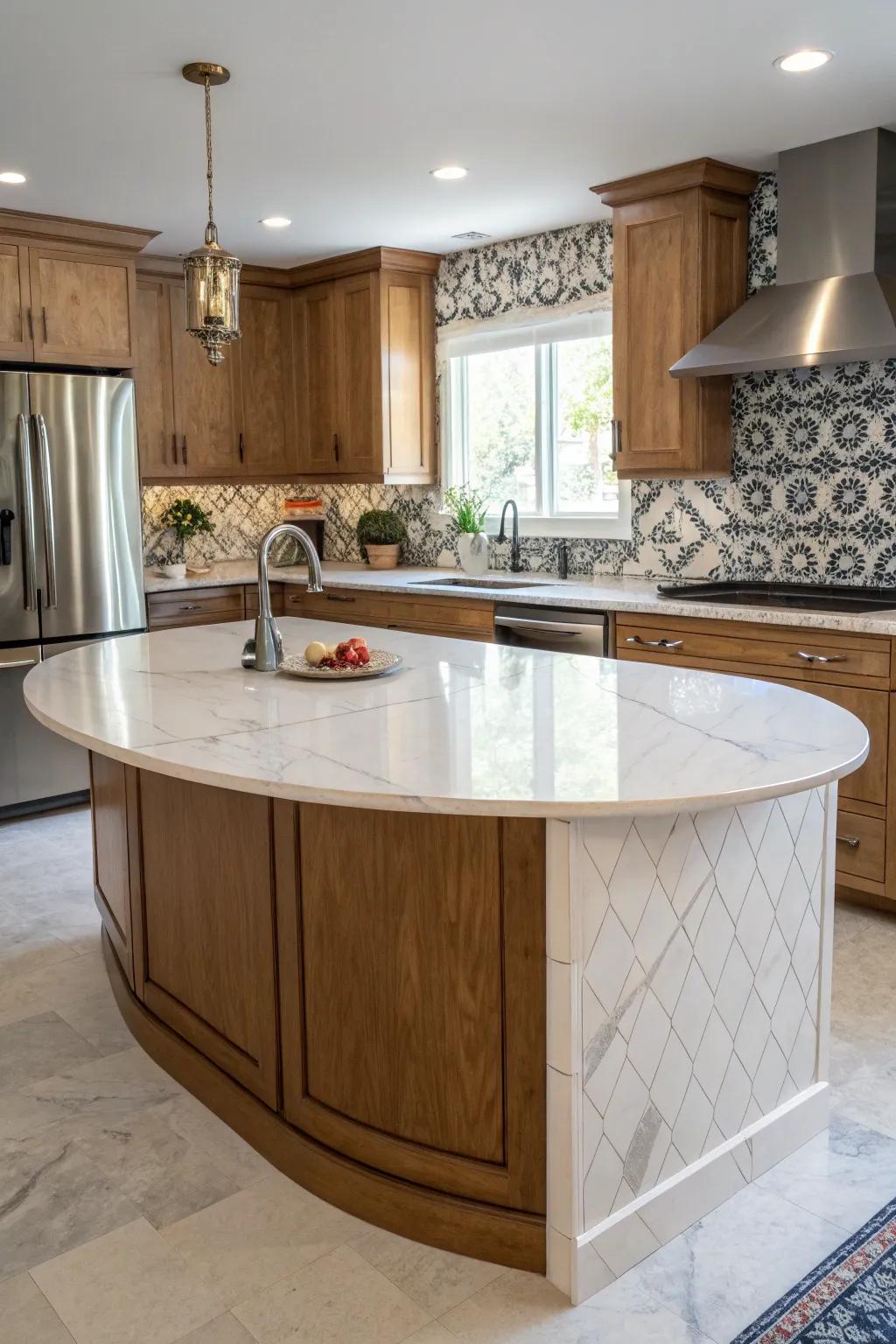 A kitchen with a distinctive curved marble feature.