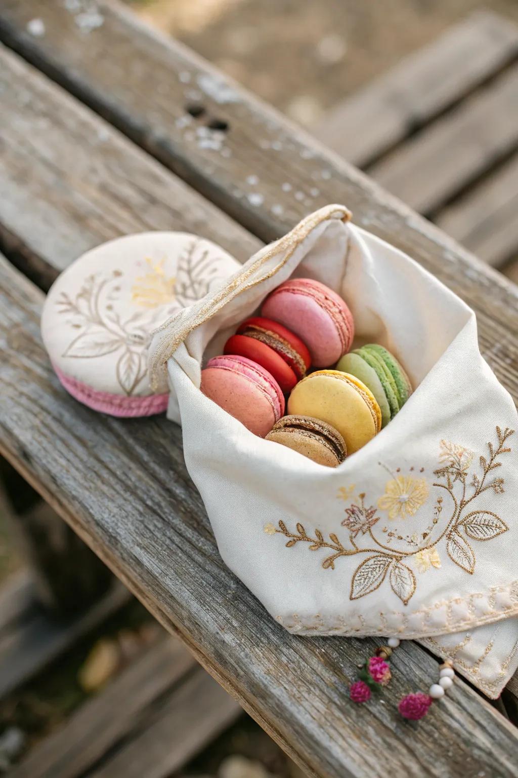 Soft and personalized macaron presentation in fabric pouches.