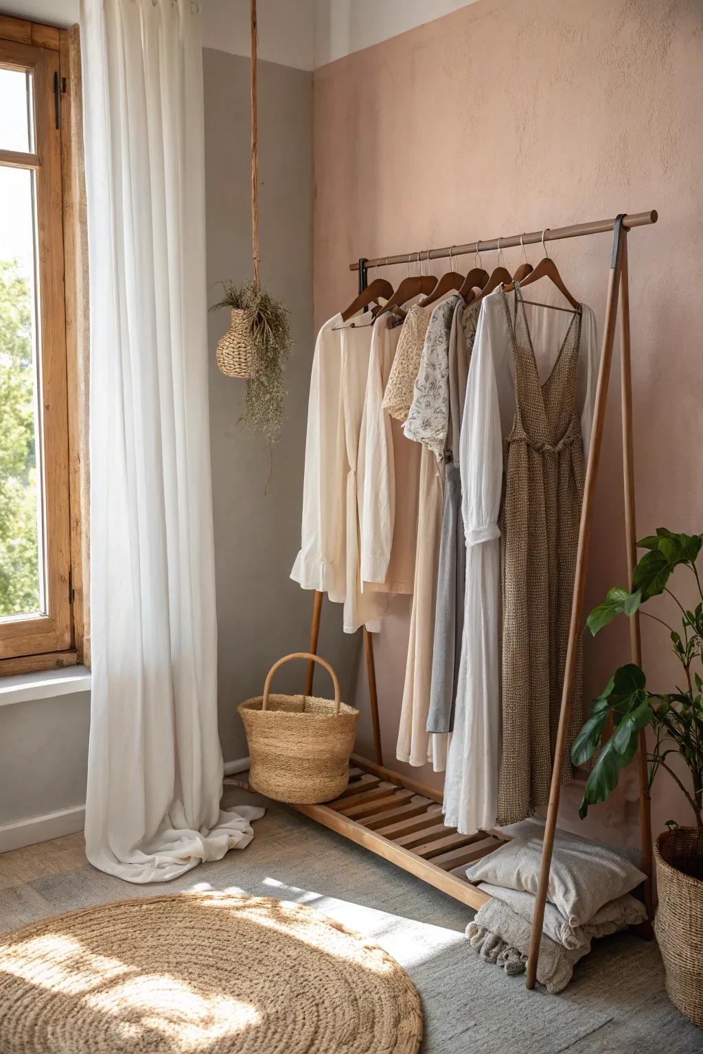 Transform an awkward alcove into a chic and functional mini wardrobe with minimalist charm.