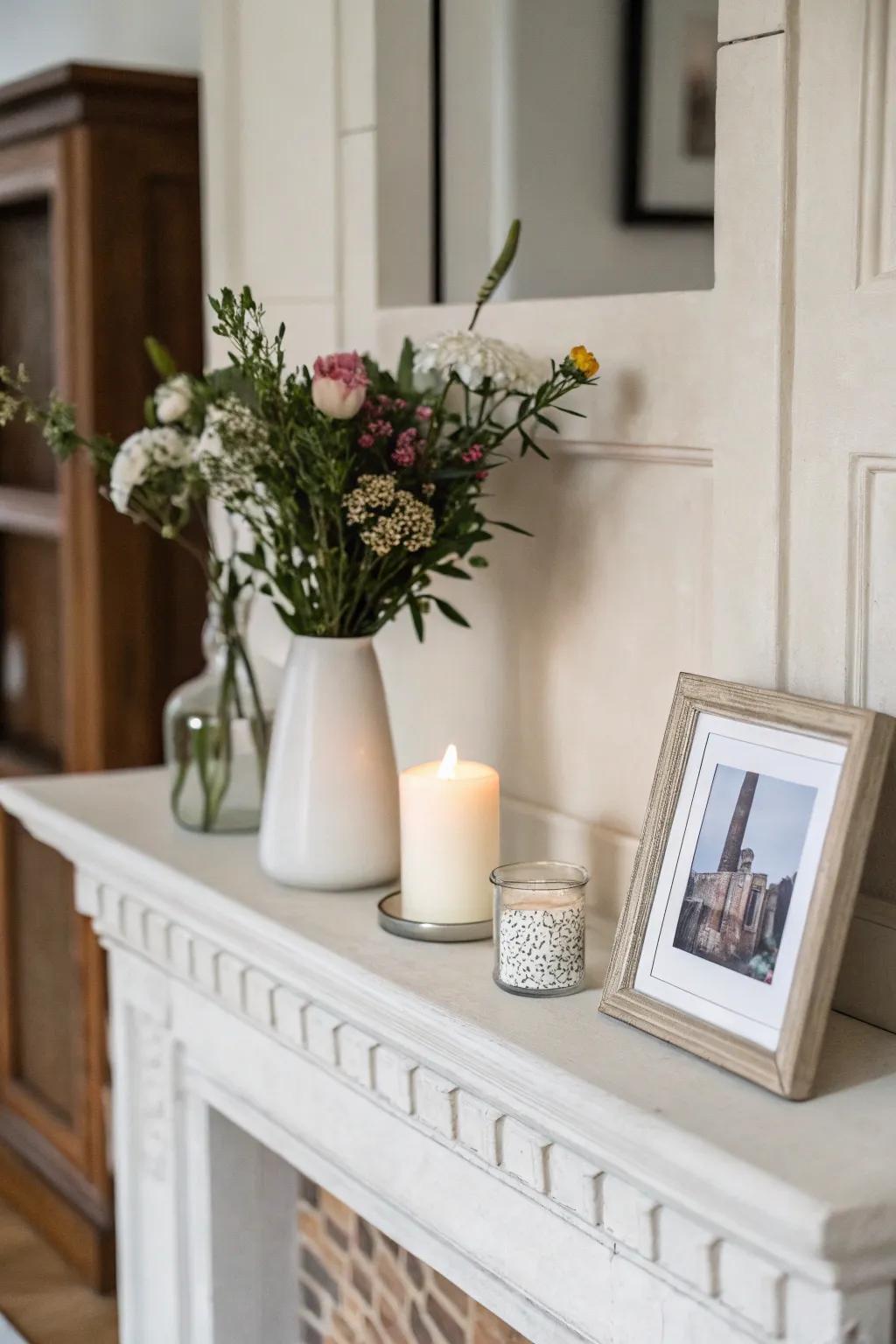 A minimalist mantel with carefully chosen decorative items.