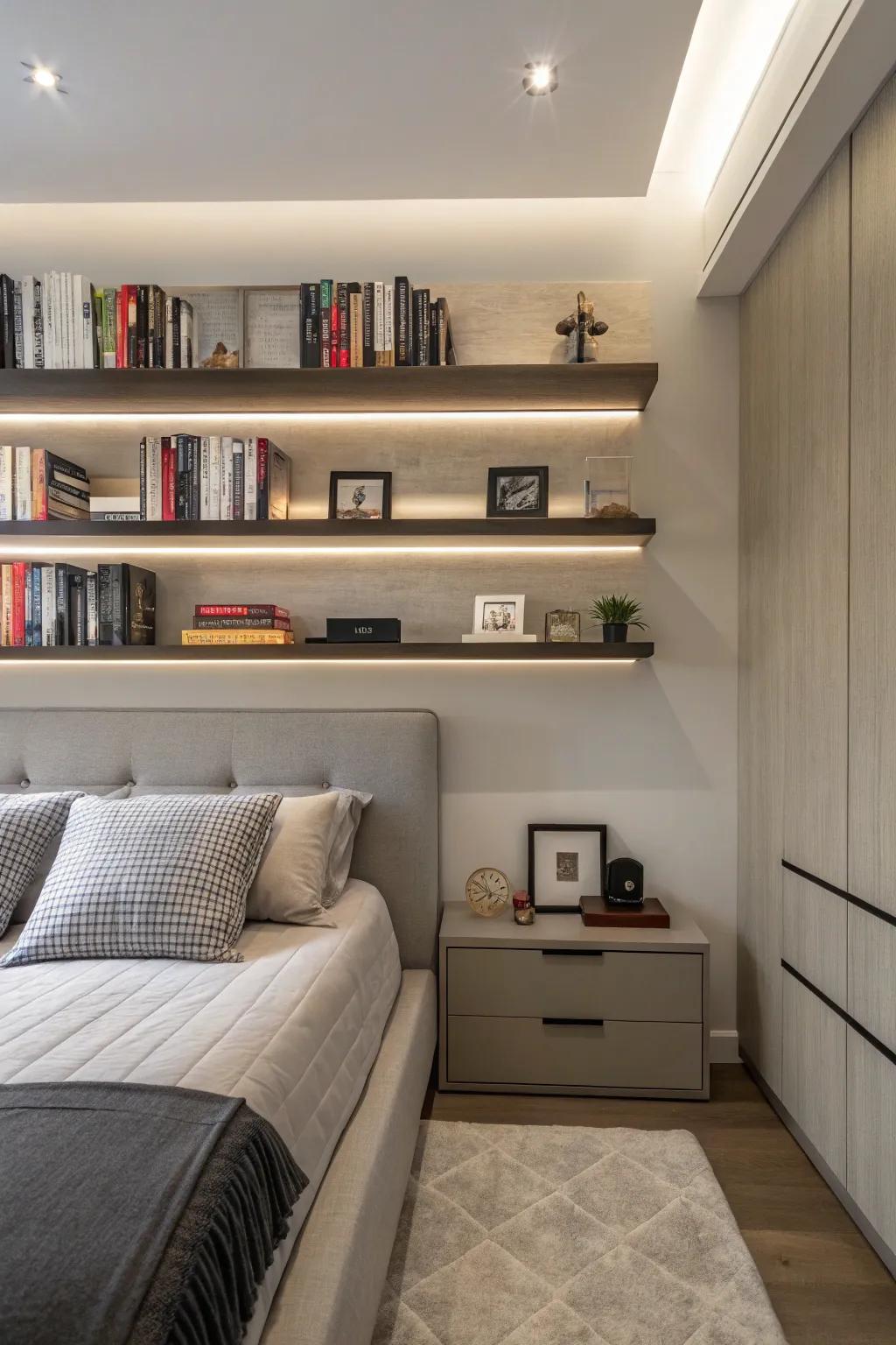 Minimalist shelving provides a clean and functional display.