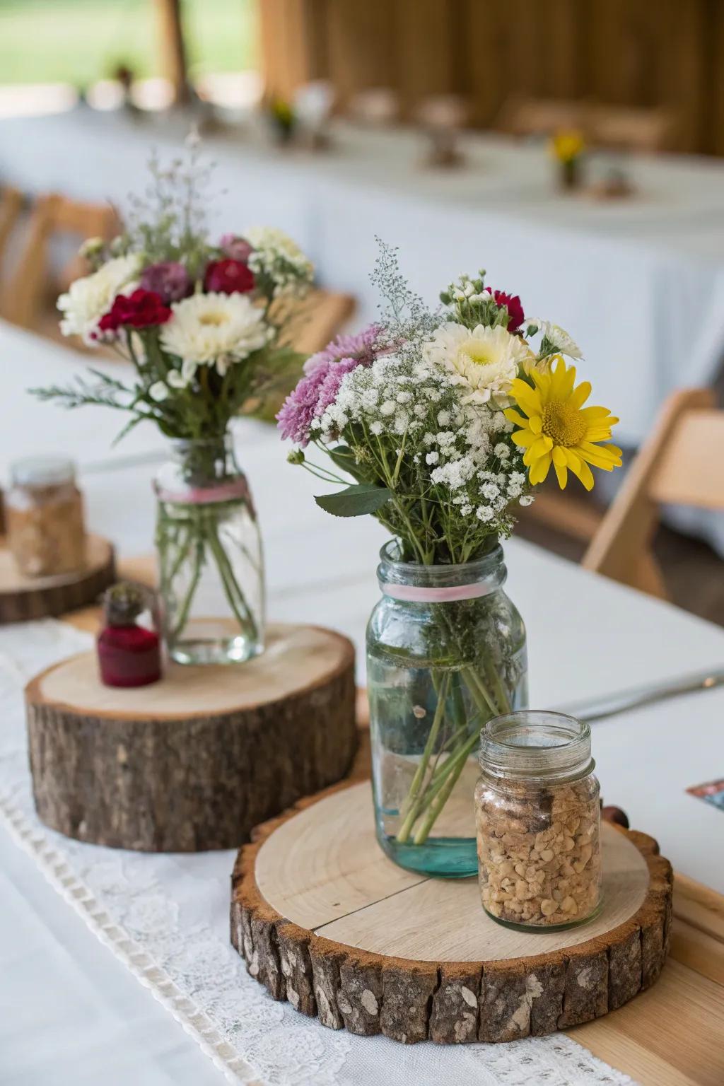 Rustic wood slices enhance the earthy charm of mason jar centerpieces.