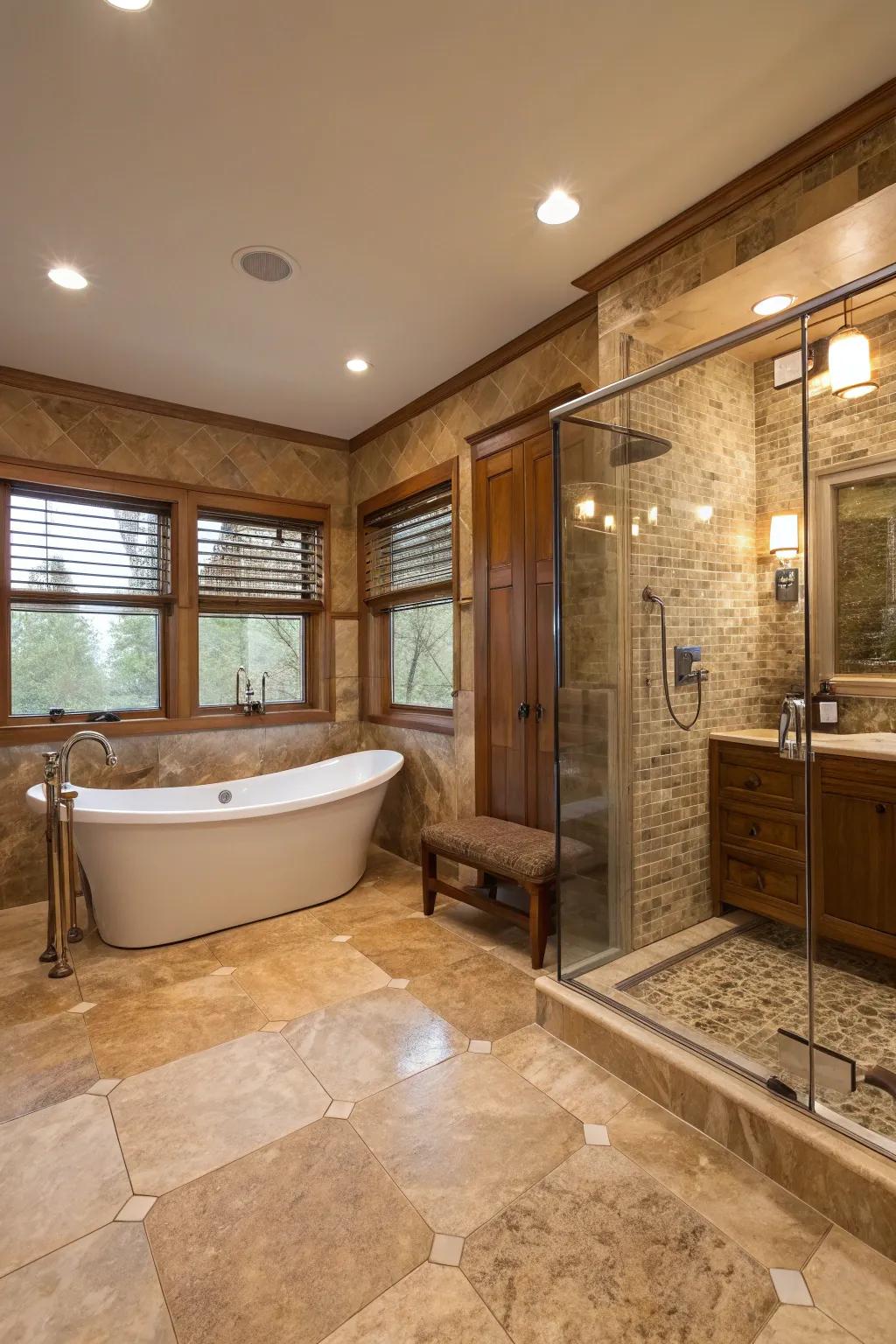 Natural stone tiles add luxury and durability to this bathroom.