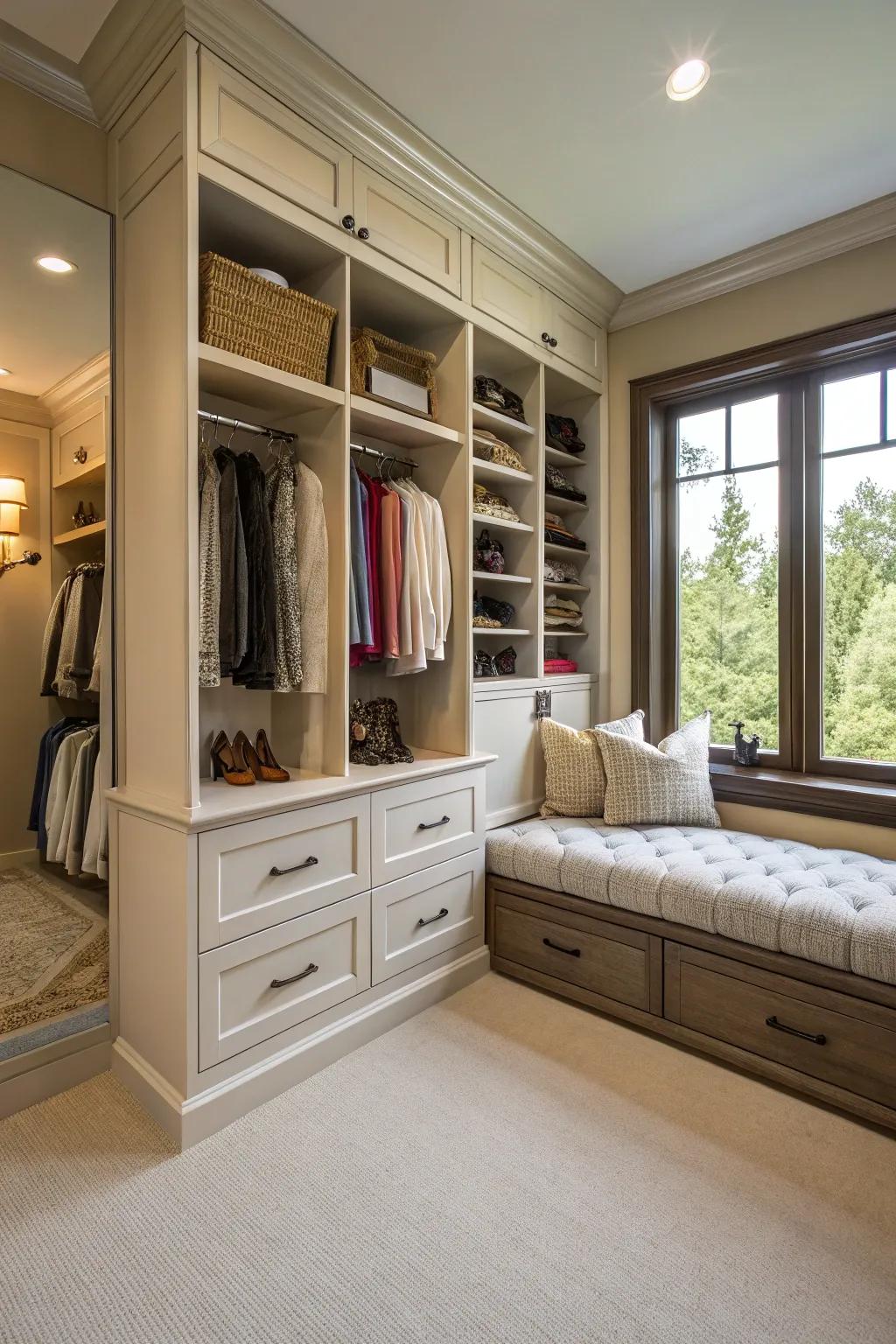 A seating area adds comfort and functionality to your closet.