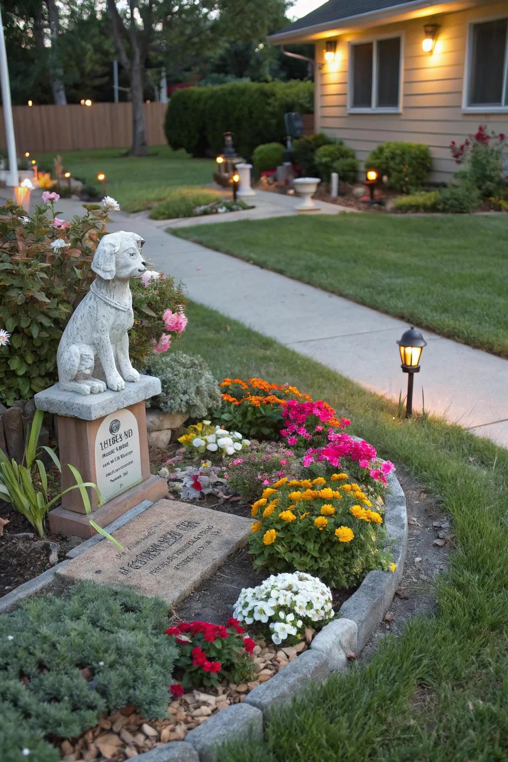 A dedicated area for pet remembrance, with a statue and favorite flowers.