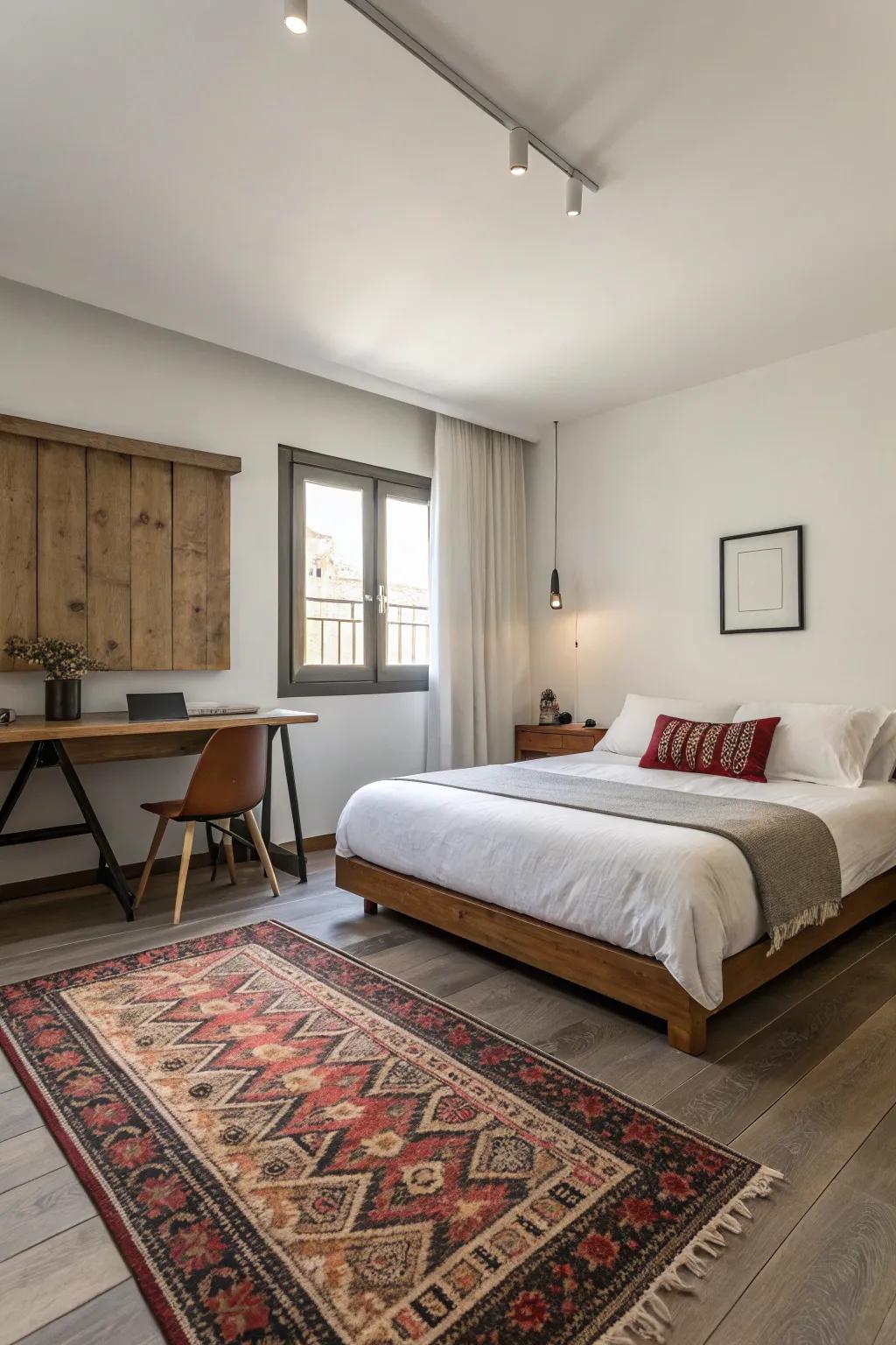 A patterned rug adds texture and comfort to this bedroom.